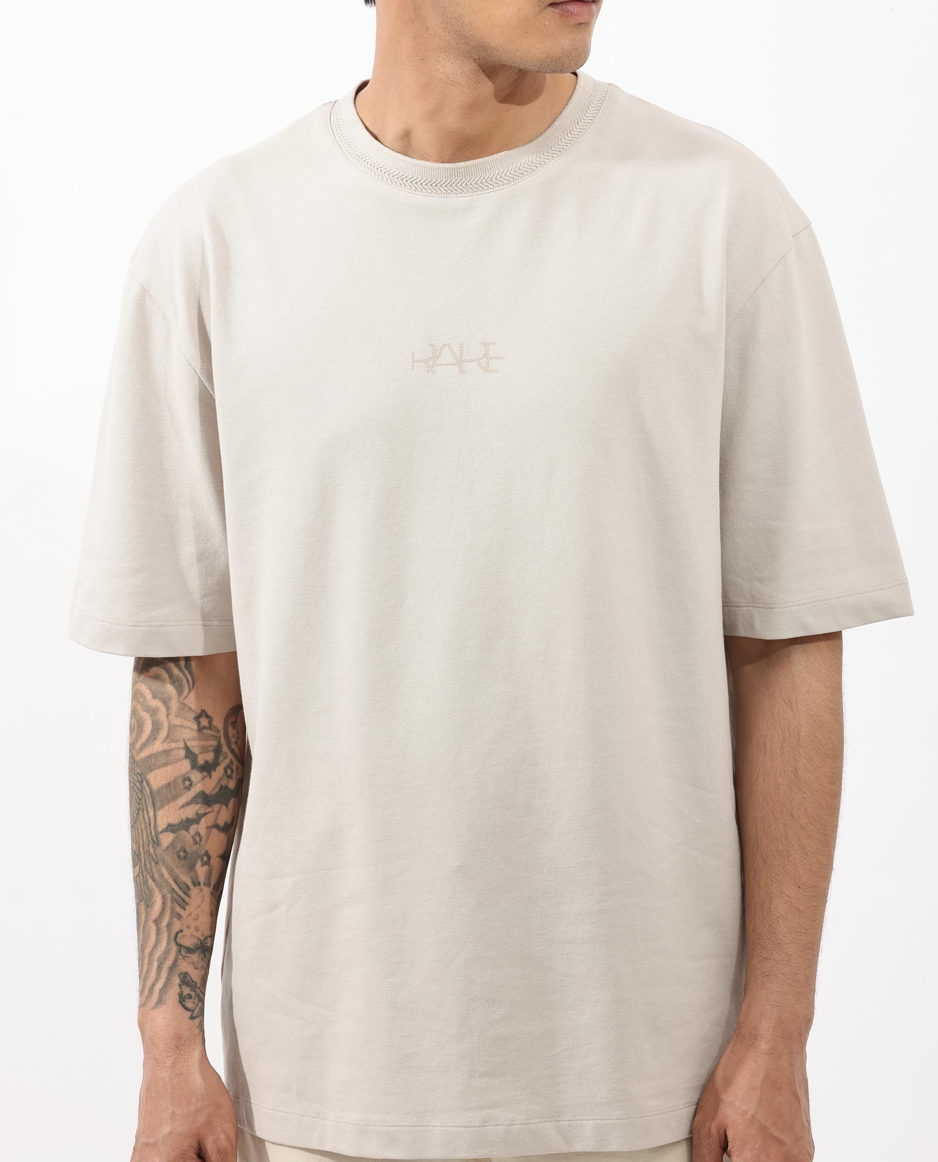 Rare Rabbit Mens Heros Beige Cotton Lycra Fabric Blend Drop Shoulder Short Sleeve Oversized Fit Solid T-Shirt - Image 3