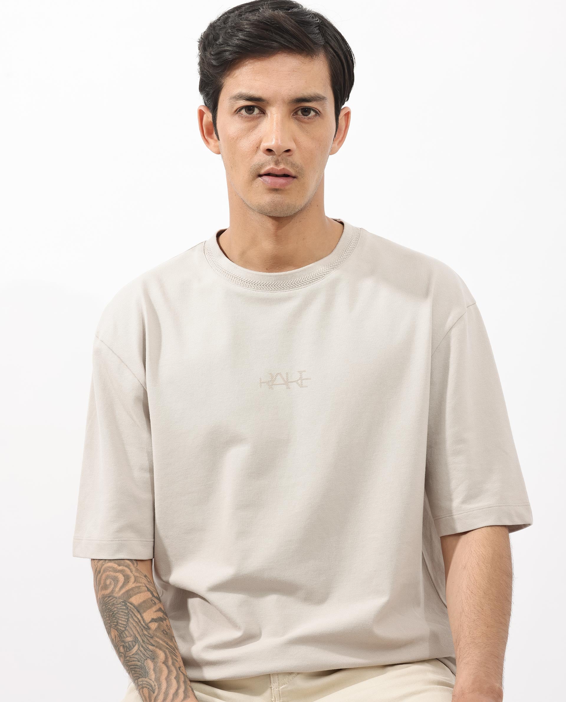 Rare Rabbit Mens Heros Beige Cotton Lycra Fabric Blend Drop Shoulder Short Sleeve Oversized Fit Solid T-Shirt - Image 4