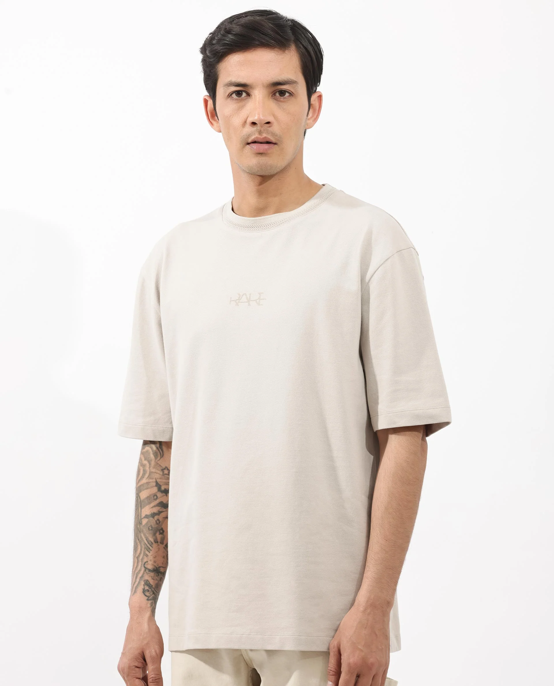 Rare Rabbit Mens Heros Beige Cotton Lycra Fabric Blend Drop Shoulder Short Sleeve Oversized Fit Solid T-Shirt - Image 5