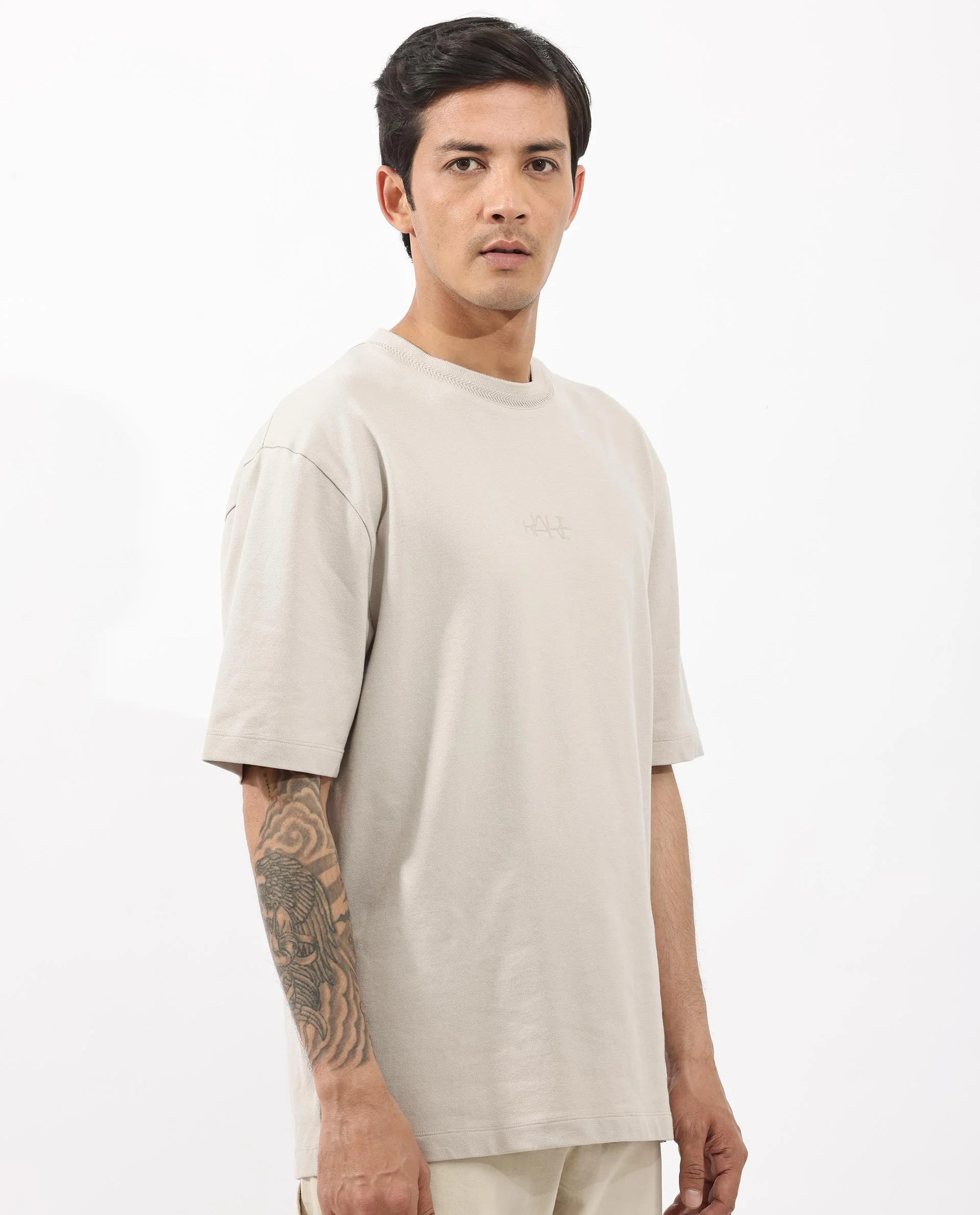 Rare Rabbit Mens Heros Beige Cotton Lycra Fabric Blend Drop Shoulder Short Sleeve Oversized Fit Solid T-Shirt - Image 6
