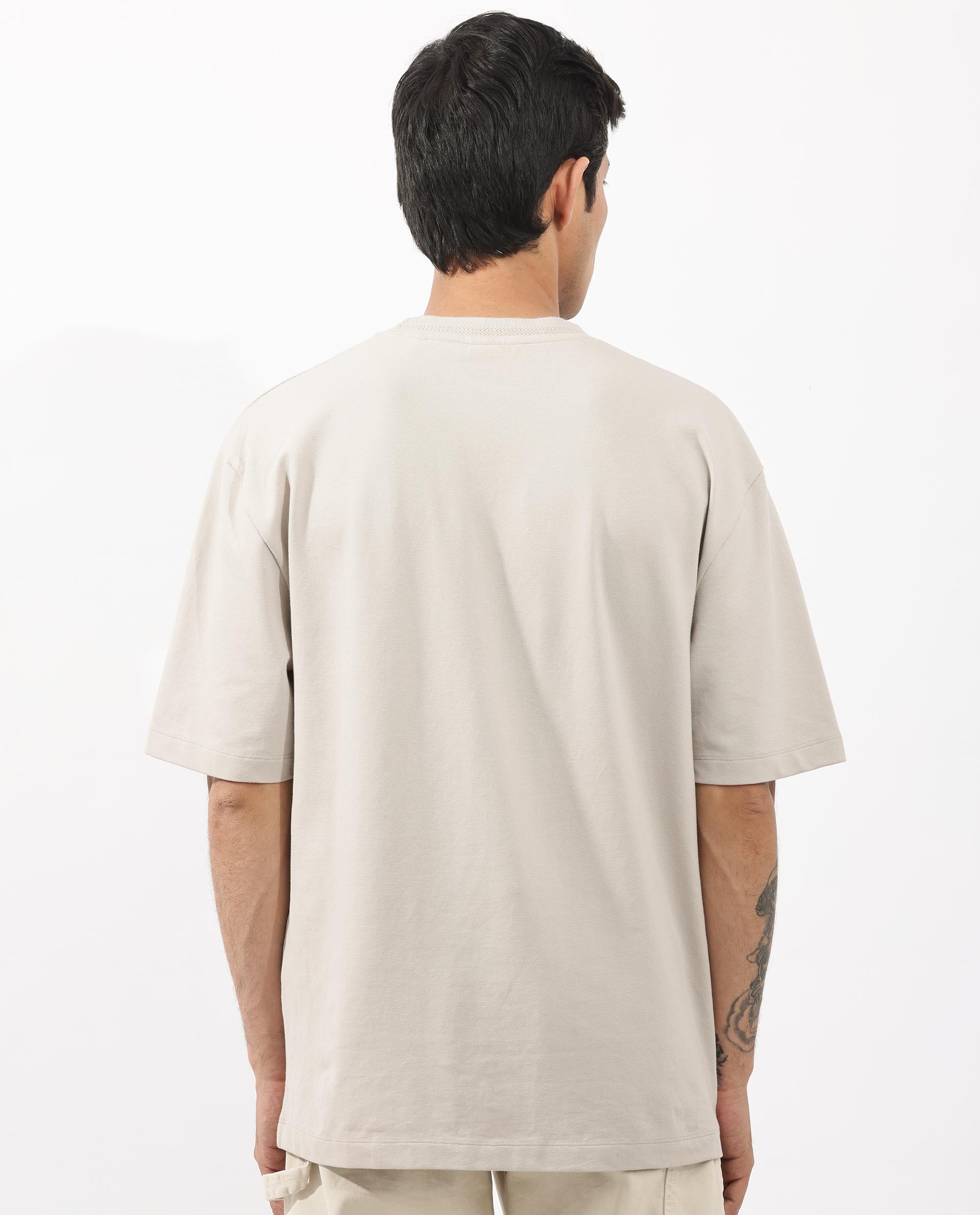 Rare Rabbit Mens Heros Beige Cotton Lycra Fabric Blend Drop Shoulder Short Sleeve Oversized Fit Solid T-Shirt - Image 7