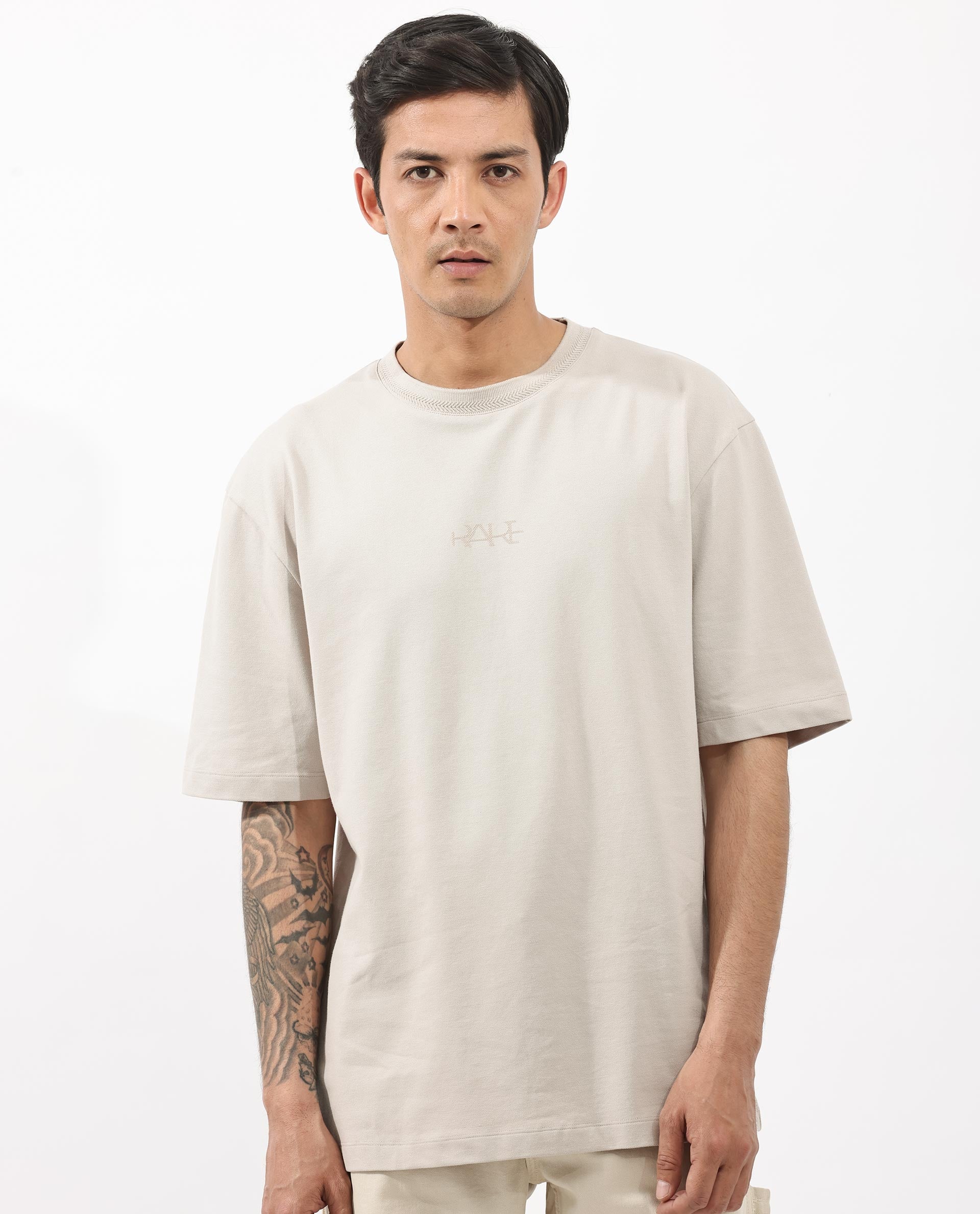 Rare Rabbit Mens Heros Beige Cotton Lycra Fabric Blend Drop Shoulder Short Sleeve Oversized Fit Solid T-Shirt - Image 8
