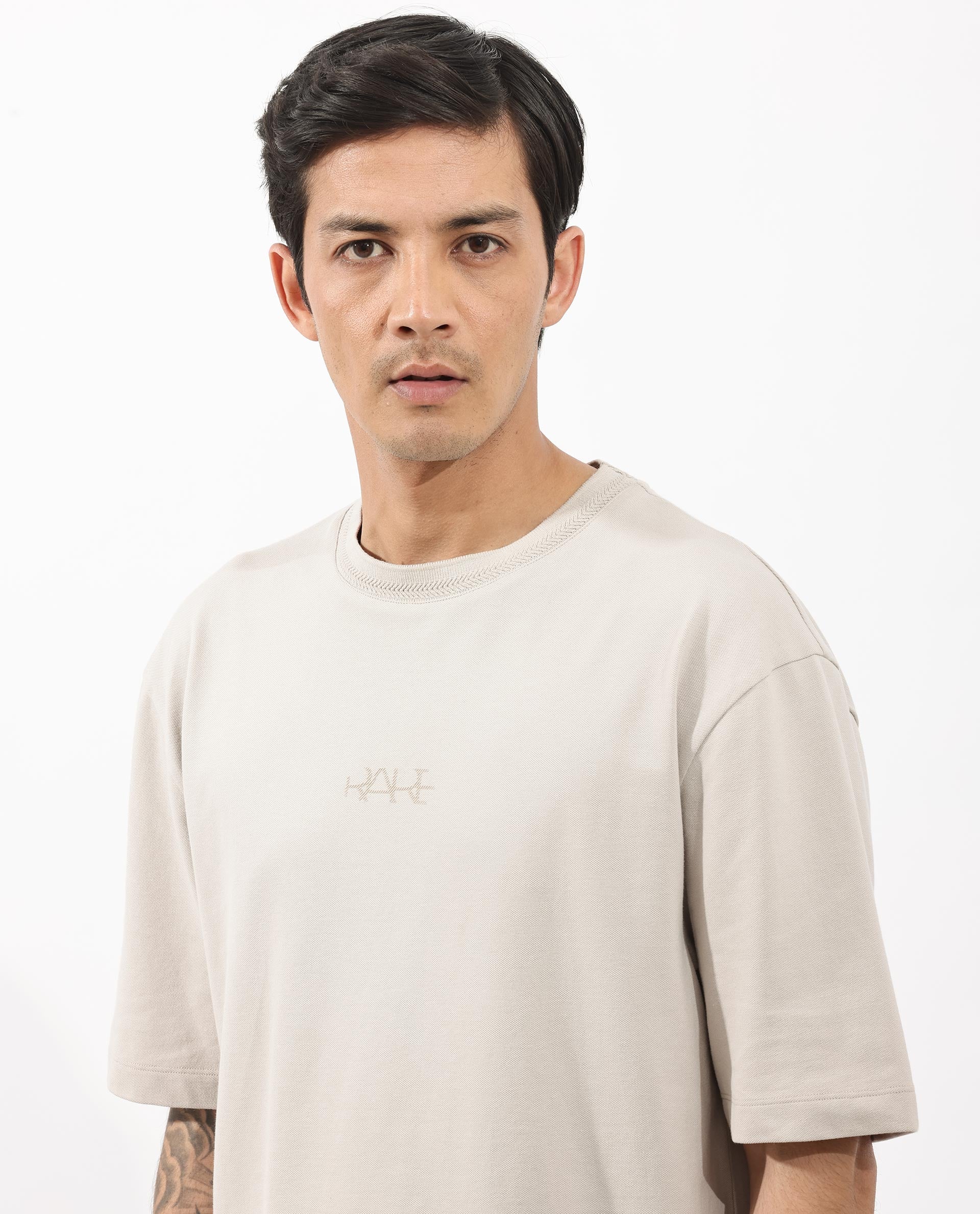Rare Rabbit Mens Heros Beige Cotton Lycra Fabric Blend Drop Shoulder Short Sleeve Oversized Fit Solid T-Shirt - Image 9