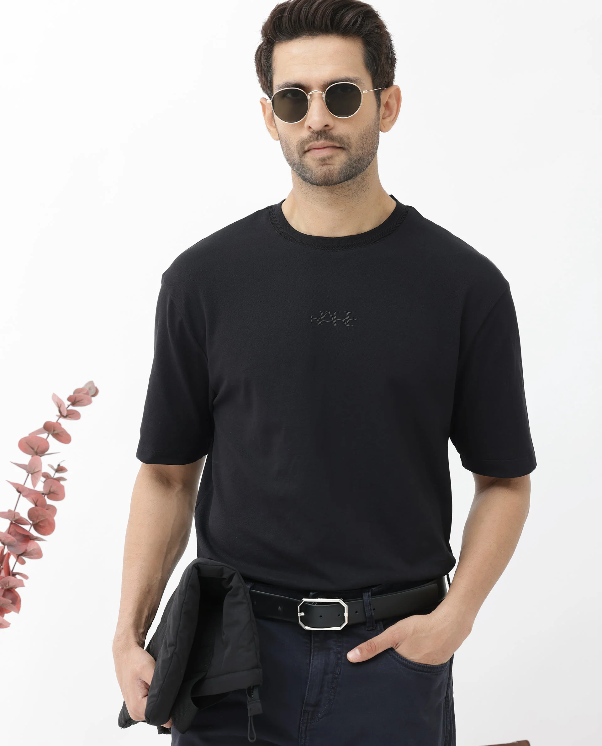Rare Rabbit Mens Heros Black Cotton Lycra Fabric Blend Drop Shoulder Short Sleeve Oversized Fit Solid T-Shirt - Image 3