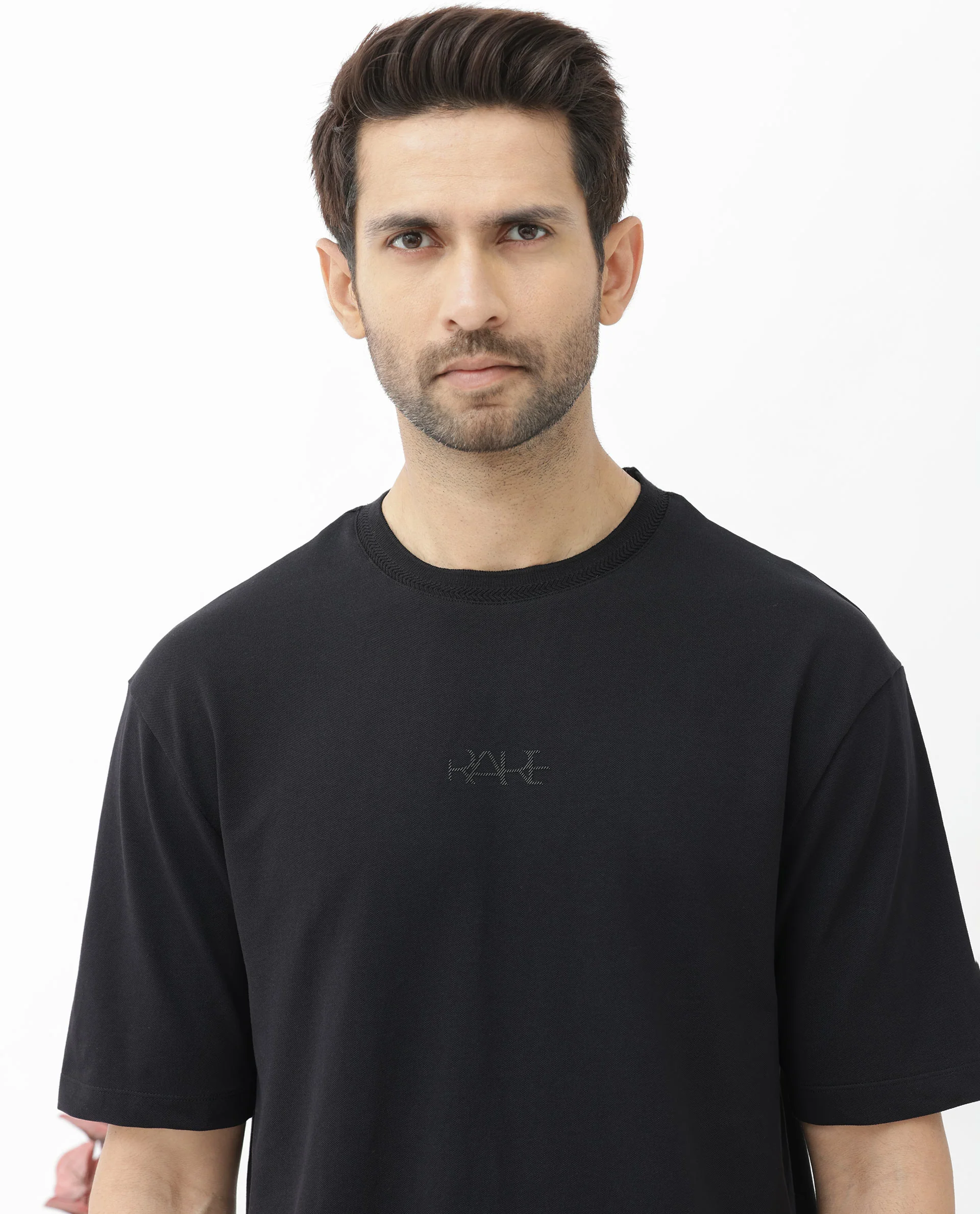 Rare Rabbit Mens Heros Black Cotton Lycra Fabric Blend Drop Shoulder Short Sleeve Oversized Fit Solid T-Shirt - Image 4
