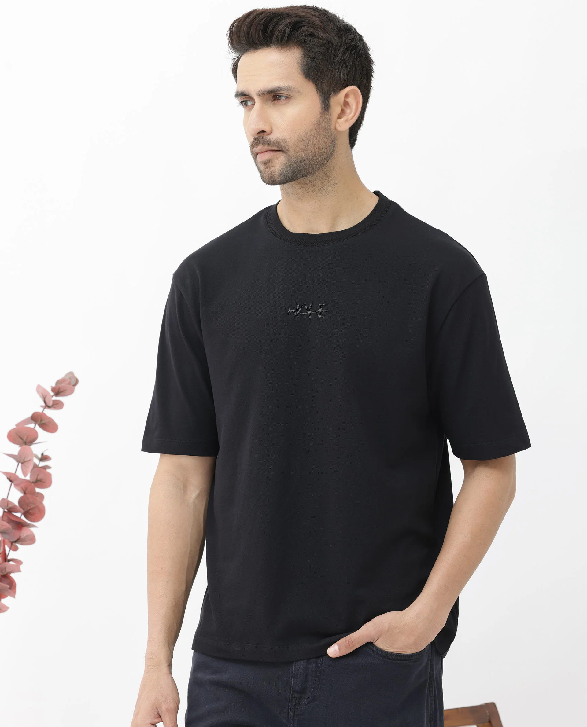 Rare Rabbit Mens Heros Black Cotton Lycra Fabric Blend Drop Shoulder Short Sleeve Oversized Fit Solid T-Shirt - Image 6