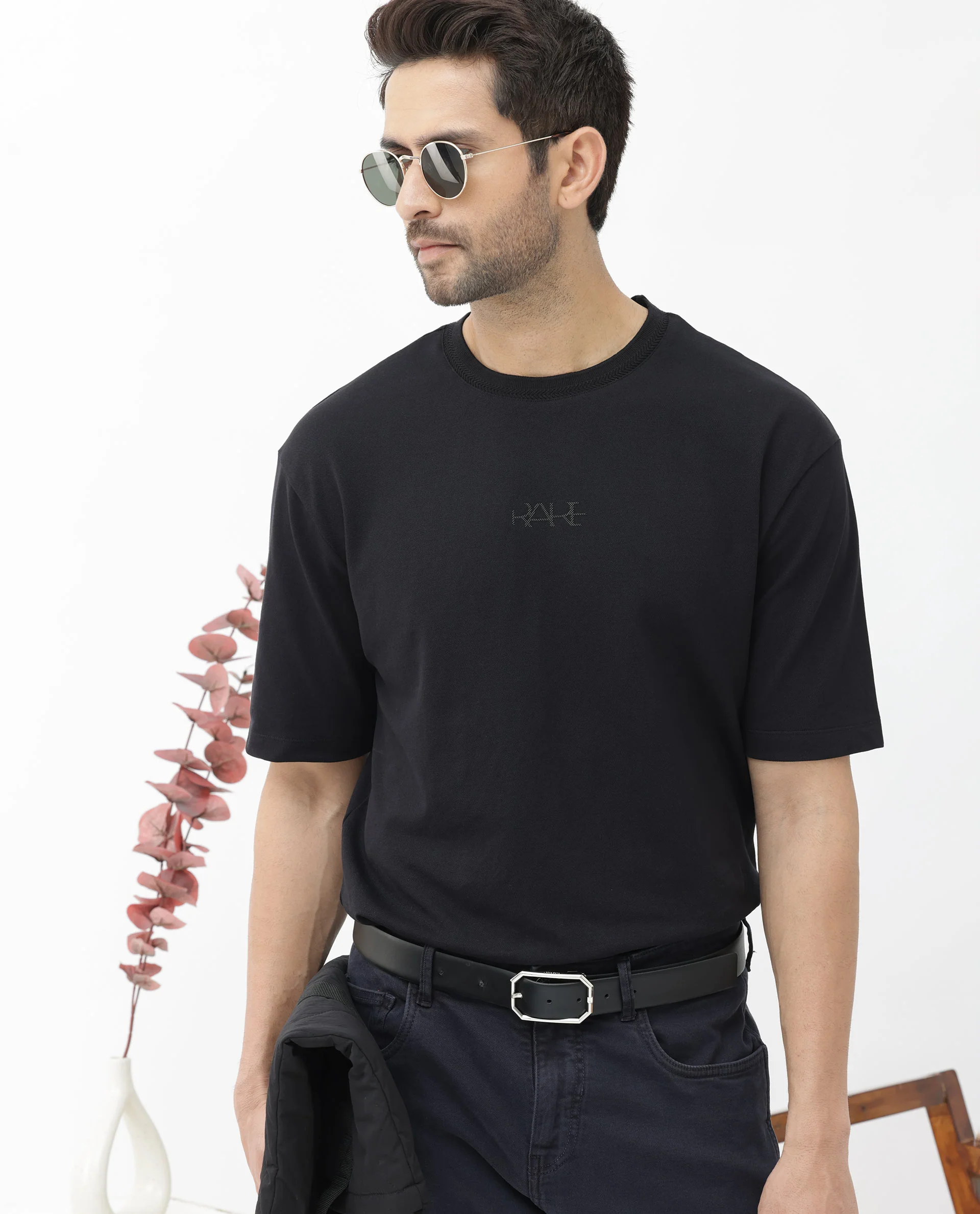 Rare Rabbit Mens Heros Black Cotton Lycra Fabric Blend Drop Shoulder Short Sleeve Oversized Fit Solid T-Shirt - Image 7