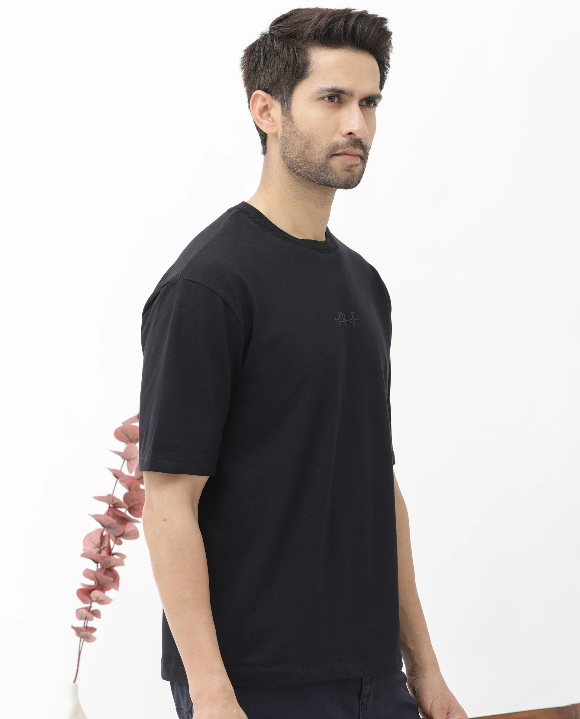 Rare Rabbit Mens Heros Black Cotton Lycra Fabric Blend Drop Shoulder Short Sleeve Oversized Fit Solid T-Shirt - Image 8