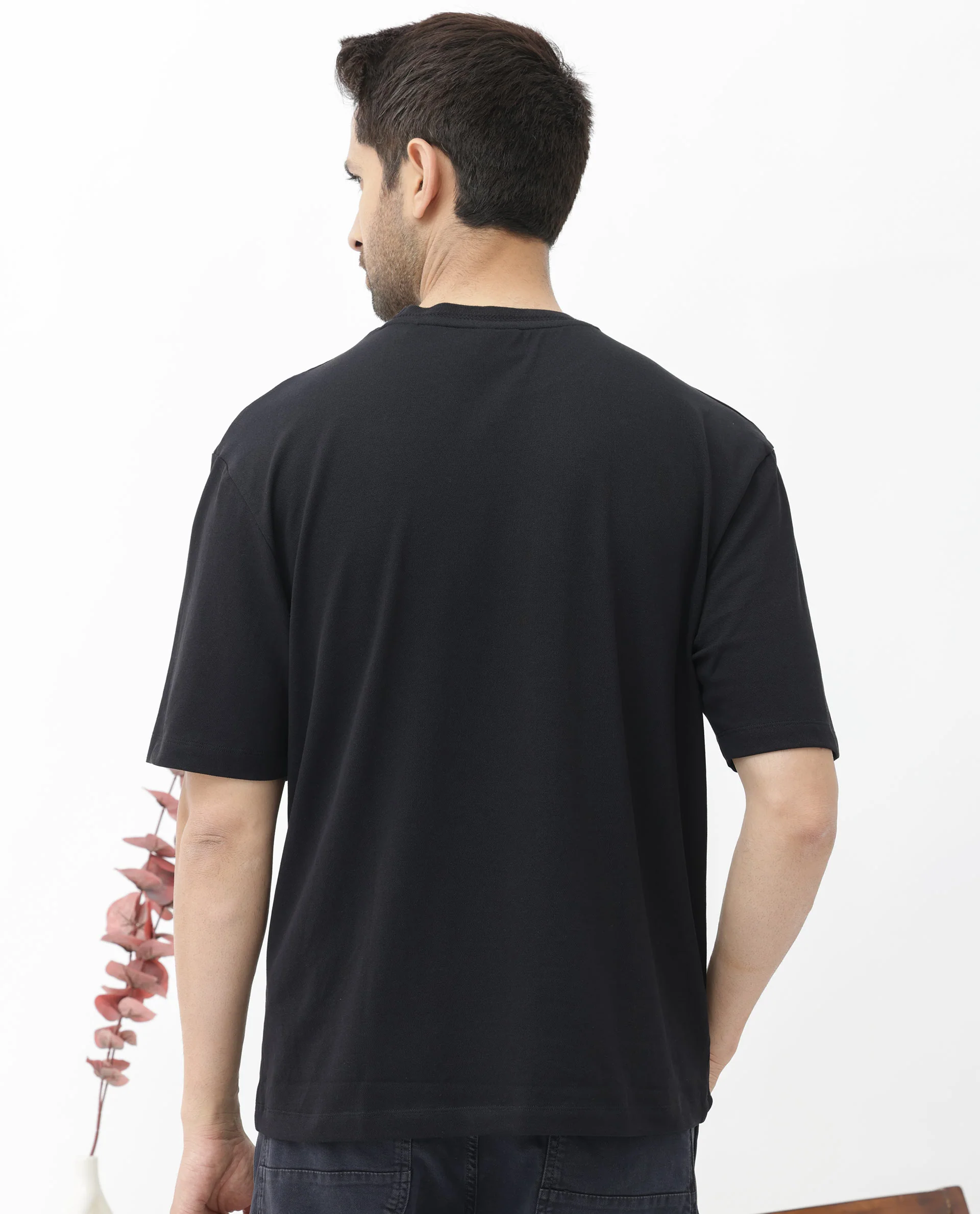 Rare Rabbit Mens Heros Black Cotton Lycra Fabric Blend Drop Shoulder Short Sleeve Oversized Fit Solid T-Shirt - Image 9