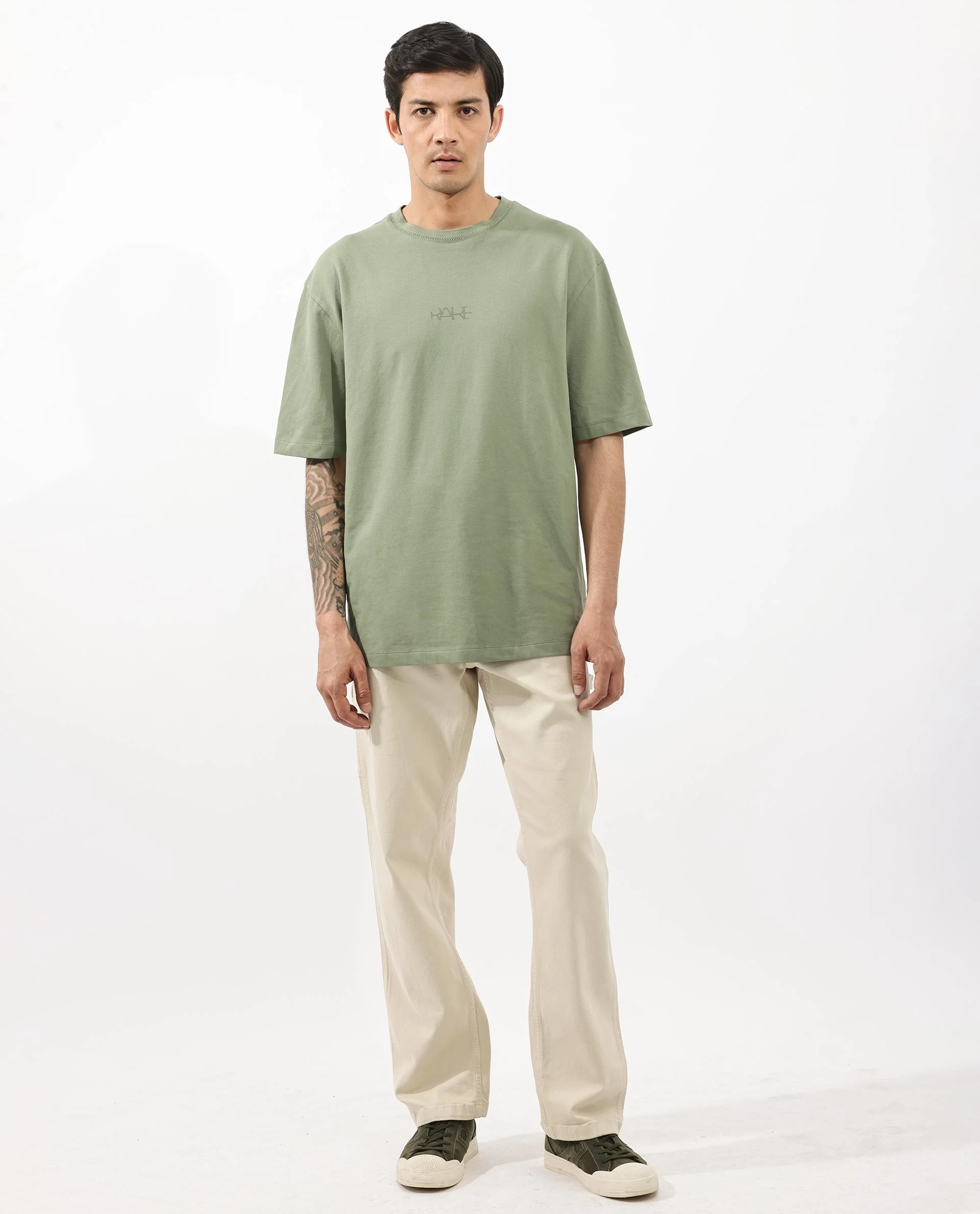 Rare Rabbit Mens Heros Dusky Green Cotton Lycra Fabric Blend Drop Shoulder Short Sleeve Oversized Fit Solid T-Shirt - Image 2