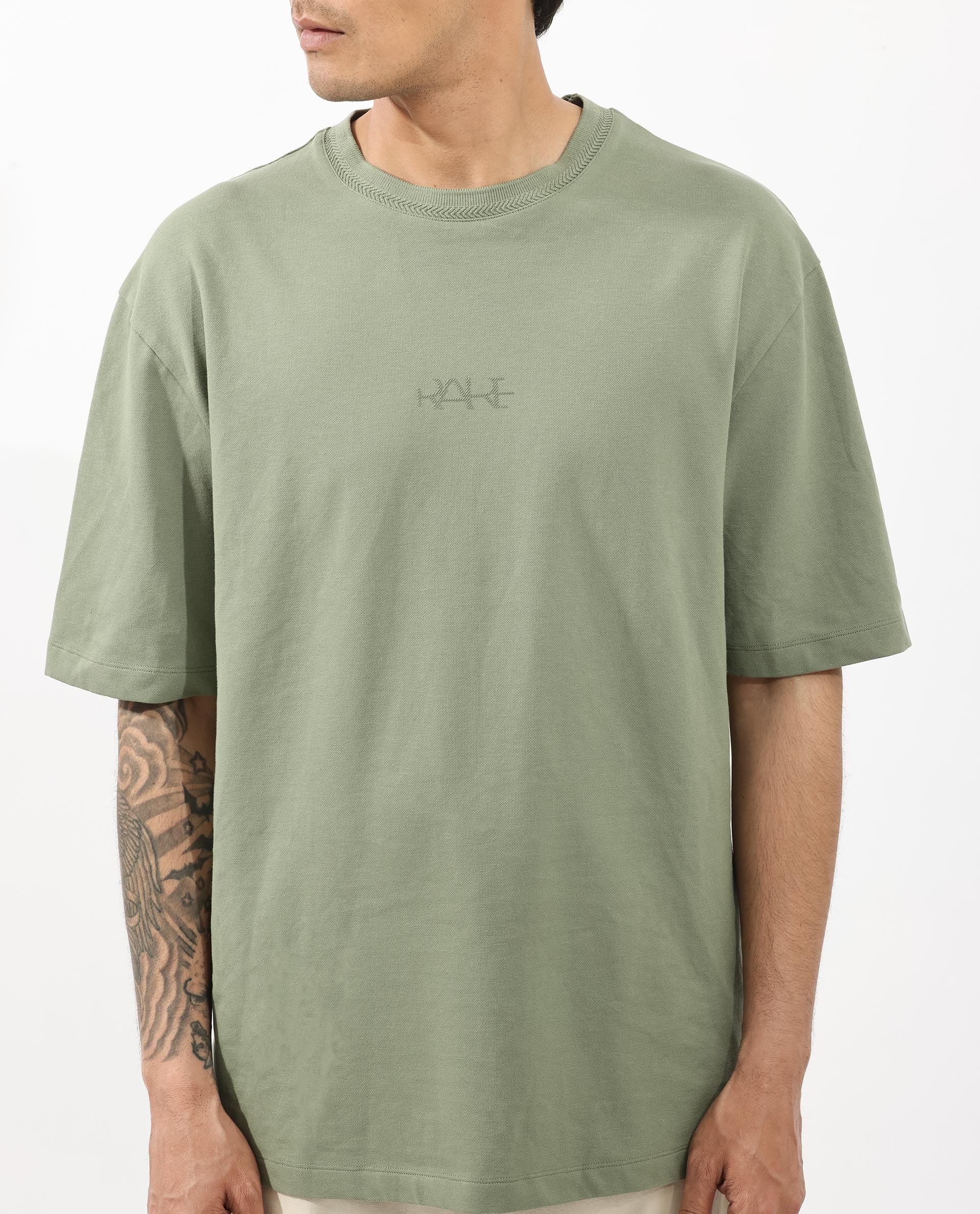 Rare Rabbit Mens Heros Dusky Green Cotton Lycra Fabric Blend Drop Shoulder Short Sleeve Oversized Fit Solid T-Shirt - Image 3