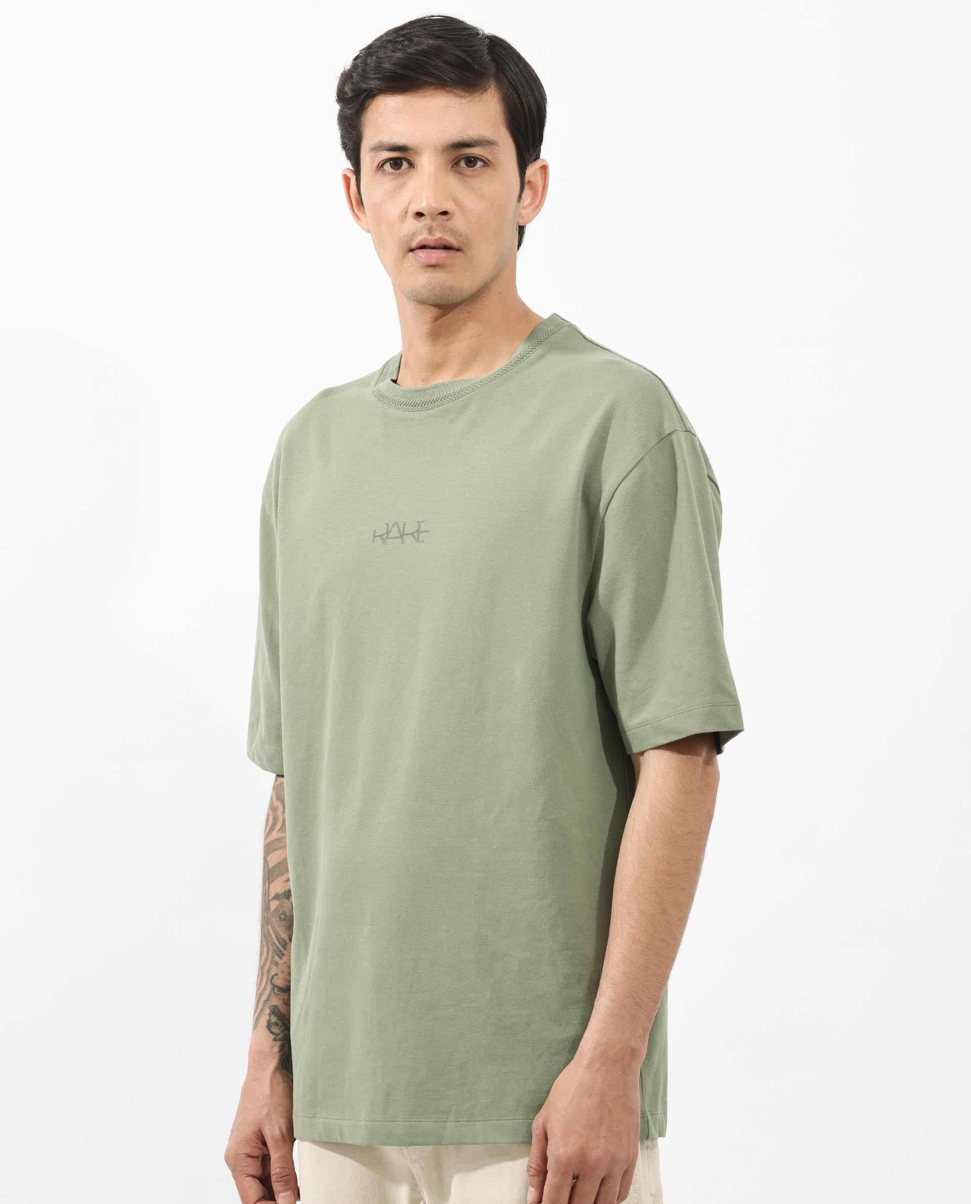 Rare Rabbit Mens Heros Dusky Green Cotton Lycra Fabric Blend Drop Shoulder Short Sleeve Oversized Fit Solid T-Shirt - Image 4