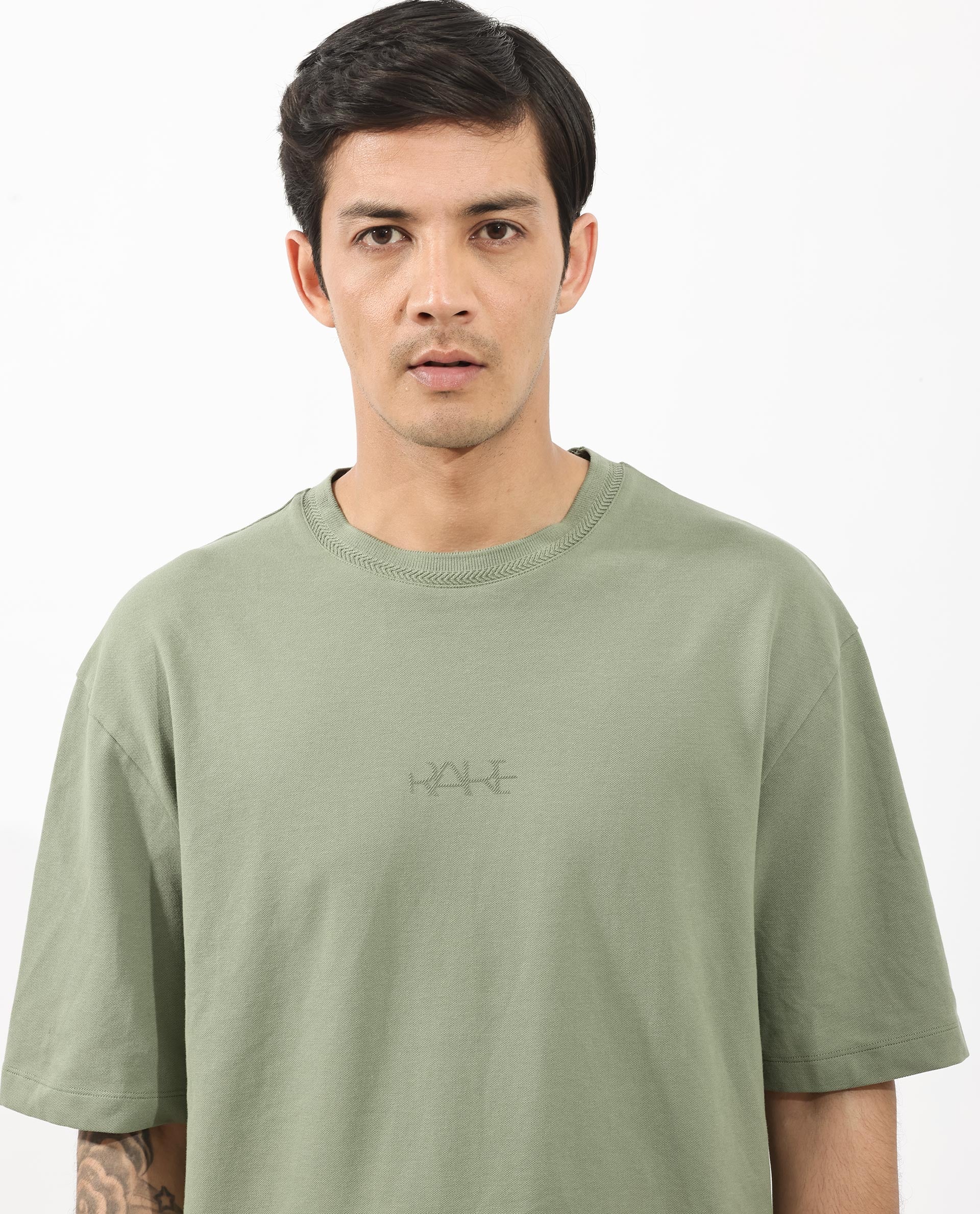 Rare Rabbit Mens Heros Dusky Green Cotton Lycra Fabric Blend Drop Shoulder Short Sleeve Oversized Fit Solid T-Shirt - Image 5