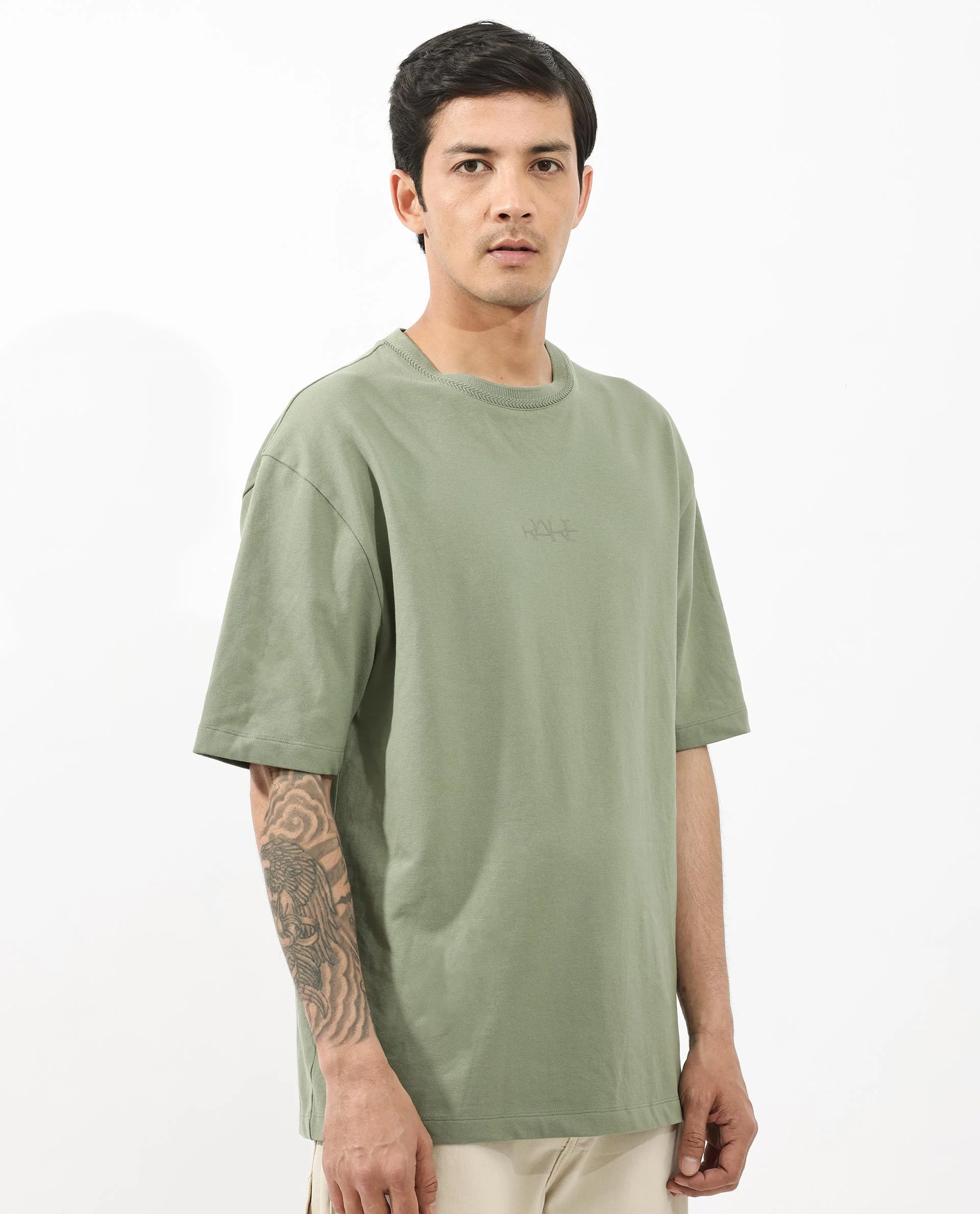 Rare Rabbit Mens Heros Dusky Green Cotton Lycra Fabric Blend Drop Shoulder Short Sleeve Oversized Fit Solid T-Shirt - Image 6