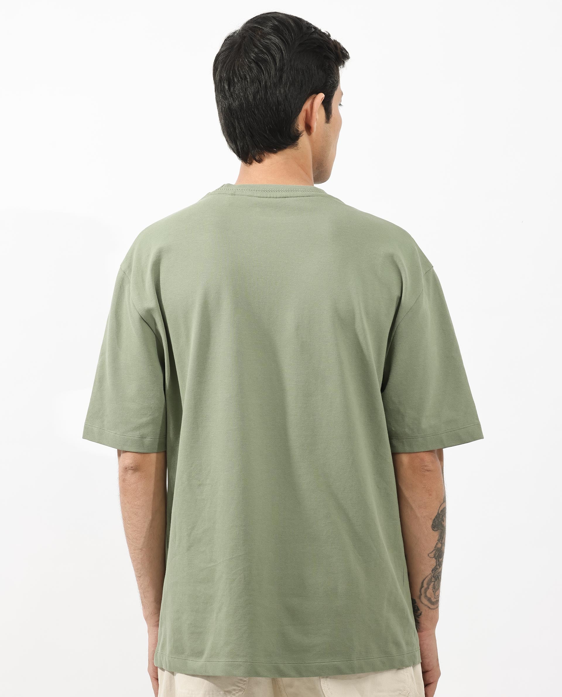Rare Rabbit Mens Heros Dusky Green Cotton Lycra Fabric Blend Drop Shoulder Short Sleeve Oversized Fit Solid T-Shirt - Image 7