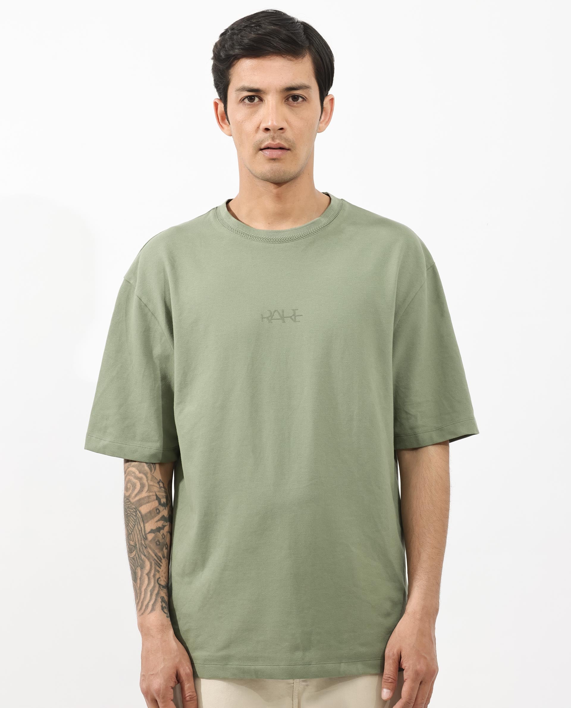 Rare Rabbit Mens Heros Dusky Green Cotton Lycra Fabric Blend Drop Shoulder Short Sleeve Oversized Fit Solid T-Shirt - Image 8