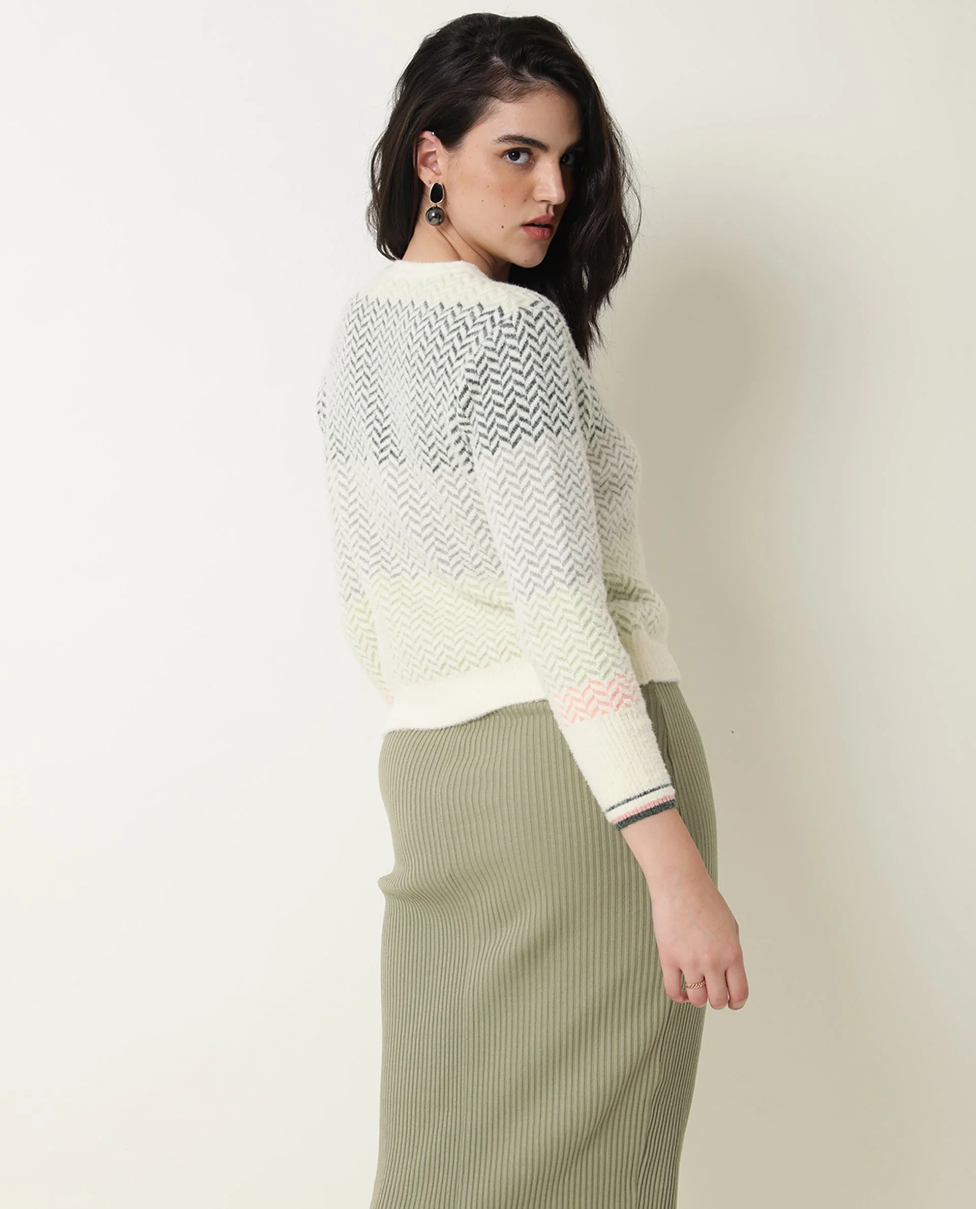 Rareism Women's Herring Offwhite Nylon Crew Neck Color Block Knee Length Regular Fit Sweater - Image 4