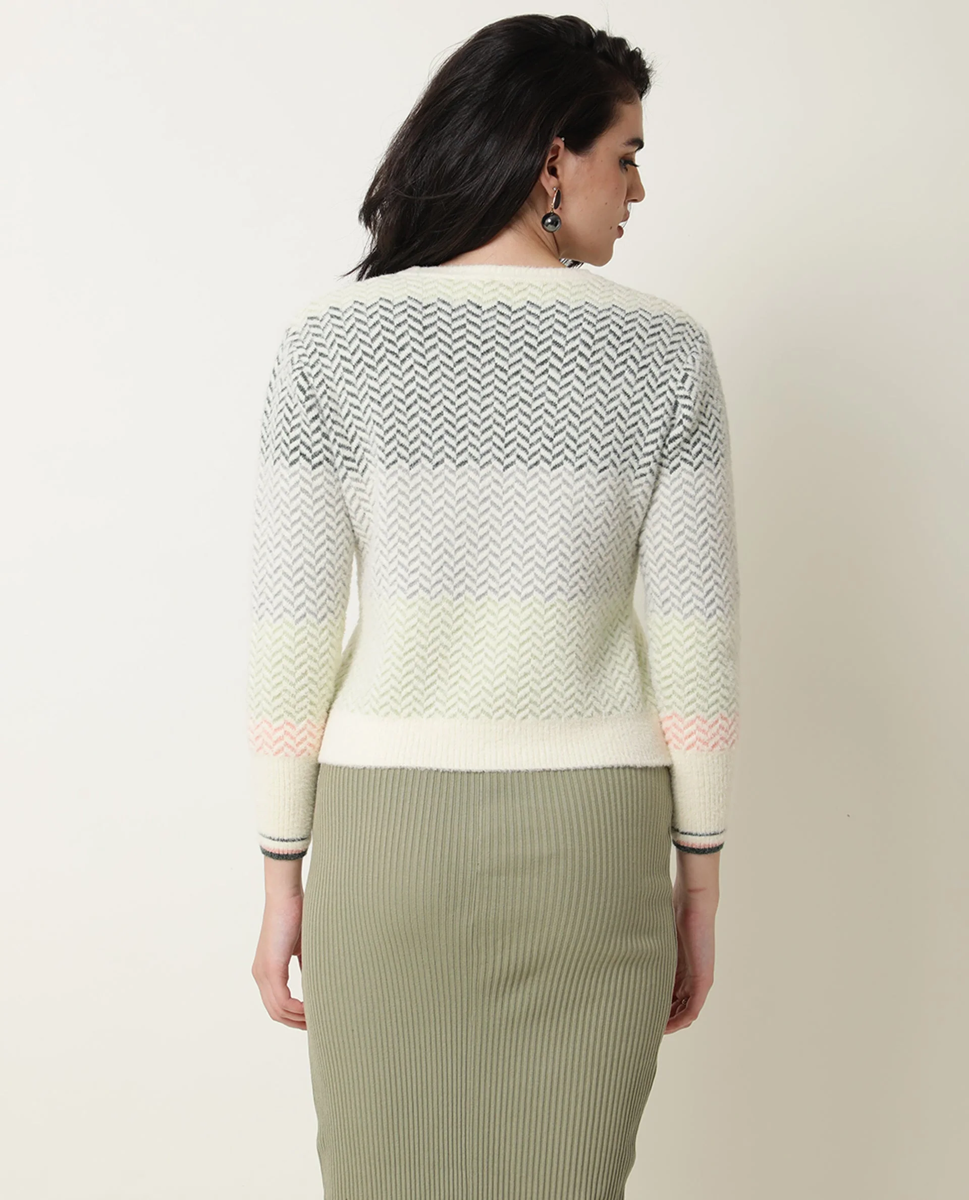 Rareism Women's Herring Offwhite Nylon Crew Neck Color Block Knee Length Regular Fit Sweater - Image 6