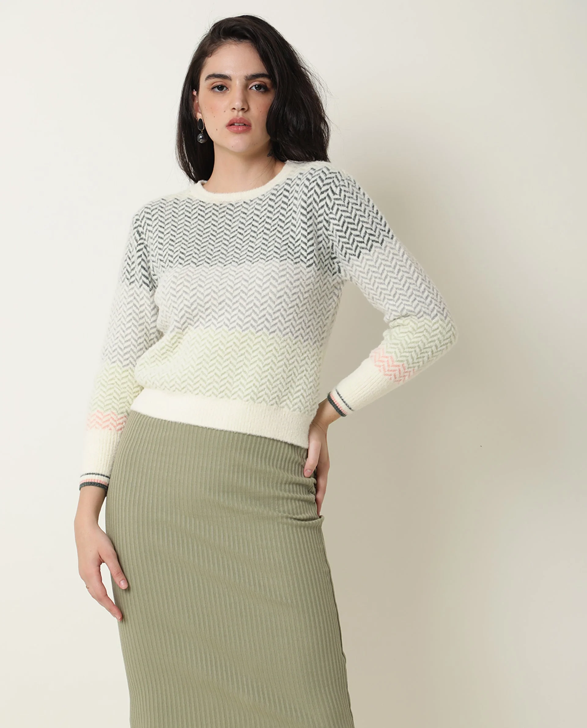 Rareism Women's Herring Offwhite Nylon Crew Neck Color Block Knee Length Regular Fit Sweater - Image 8