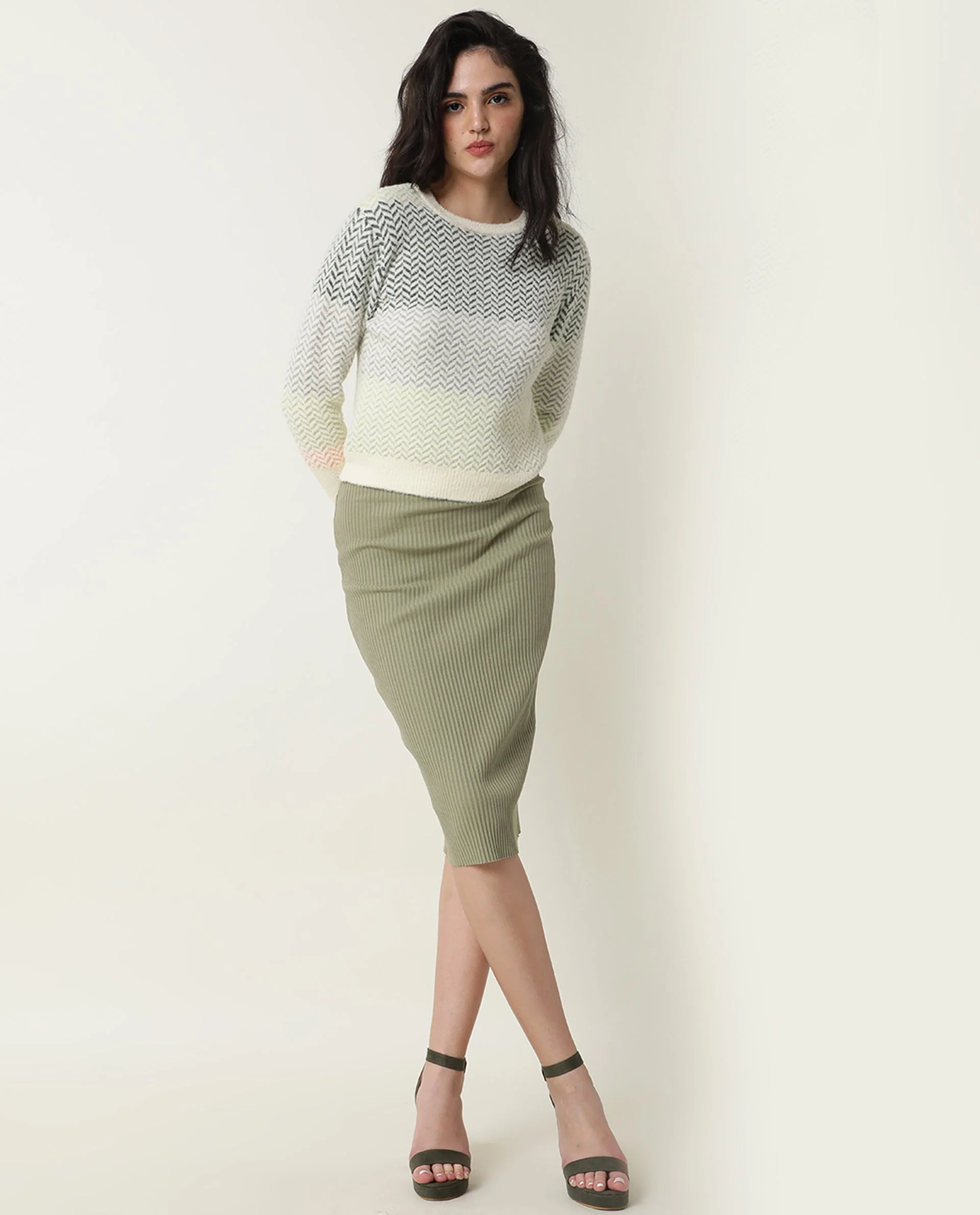 Rareism Women's Herring Offwhite Nylon Crew Neck Color Block Knee Length Regular Fit Sweater - Image 9