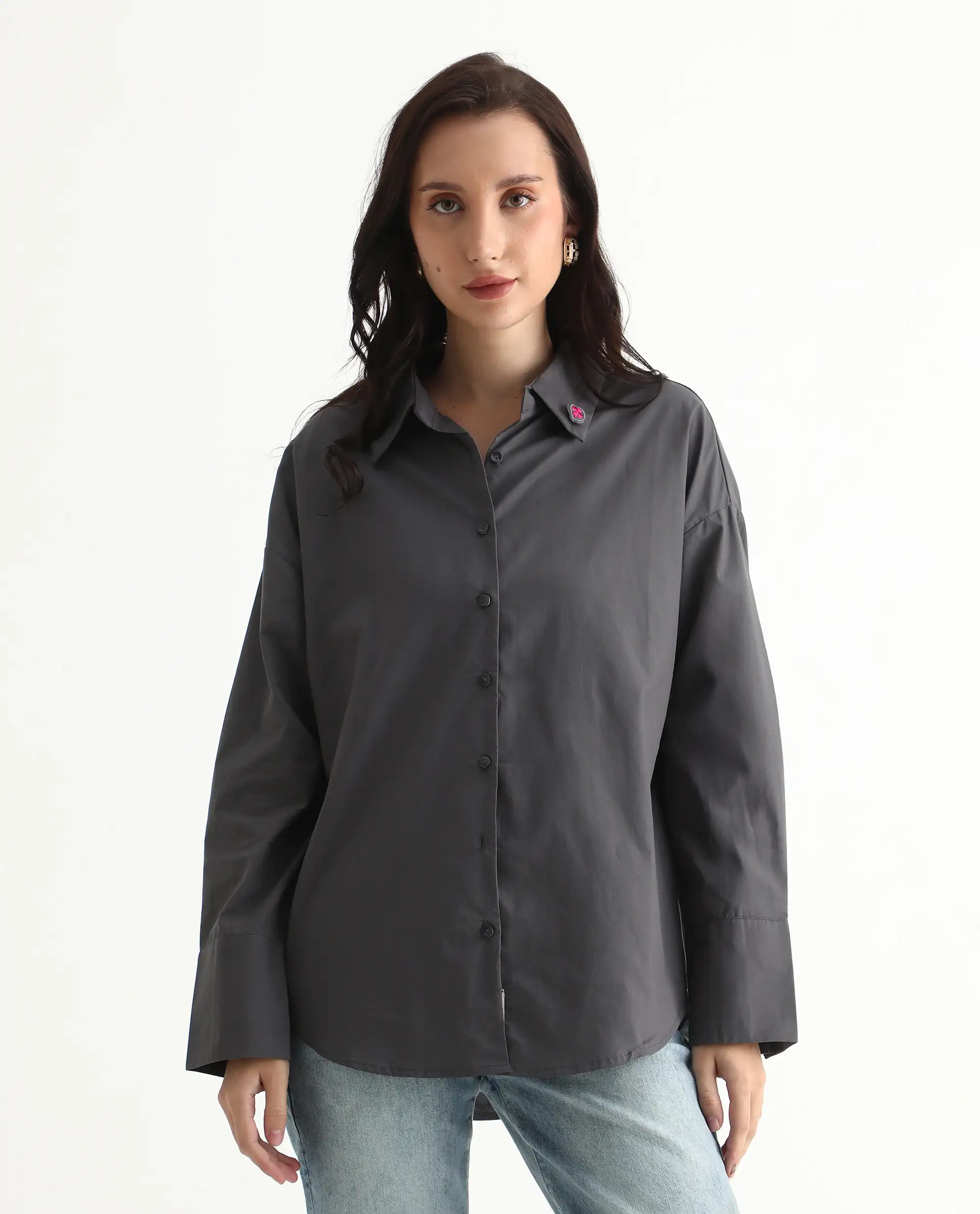 Rareism Women's Hertene Grey Cotton Drop Collar Plain Cuffed Sleeve Boxy Fit Shirt - Image 2