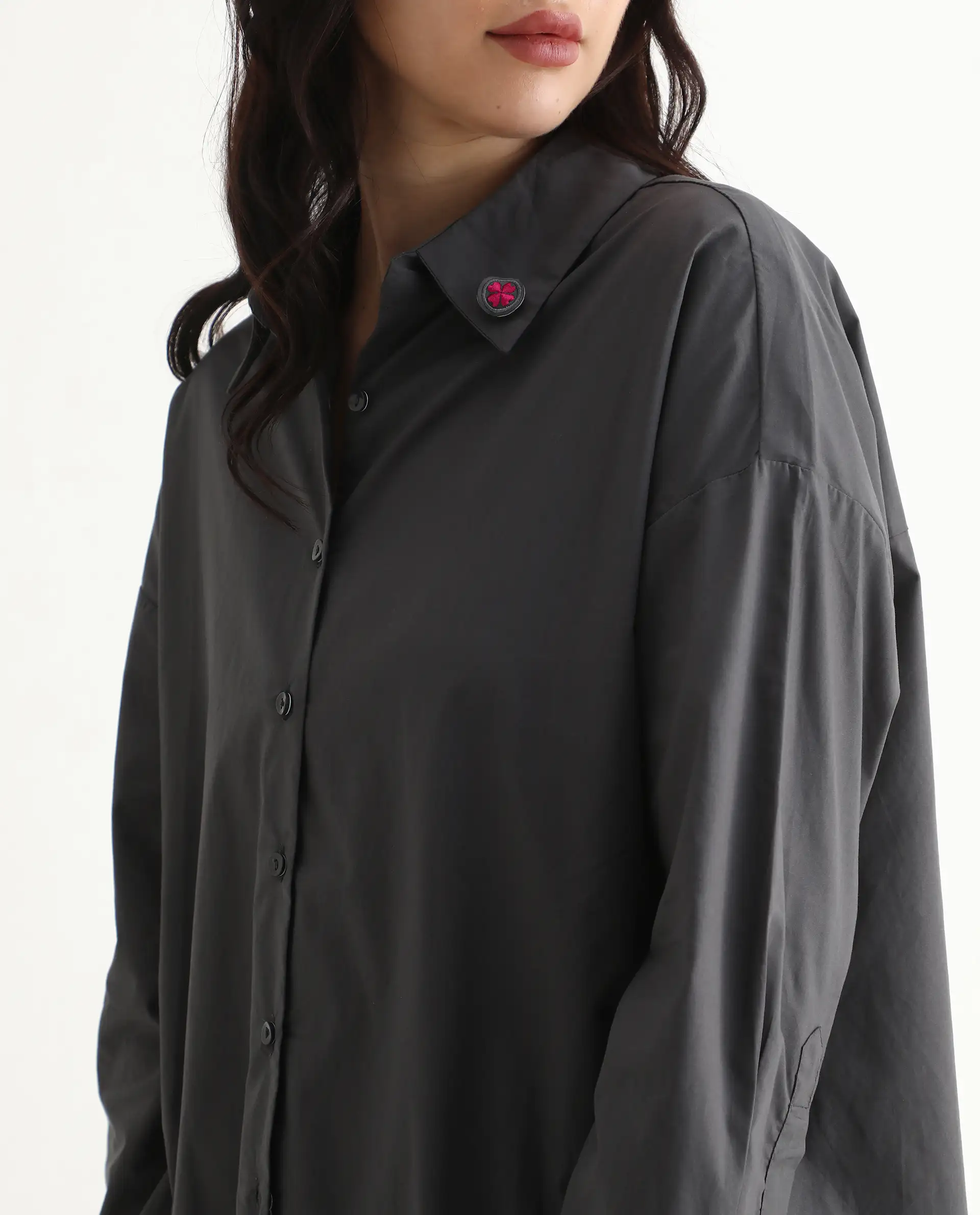 Rareism Women's Hertene Grey Cotton Drop Collar Plain Cuffed Sleeve Boxy Fit Shirt - Image 3
