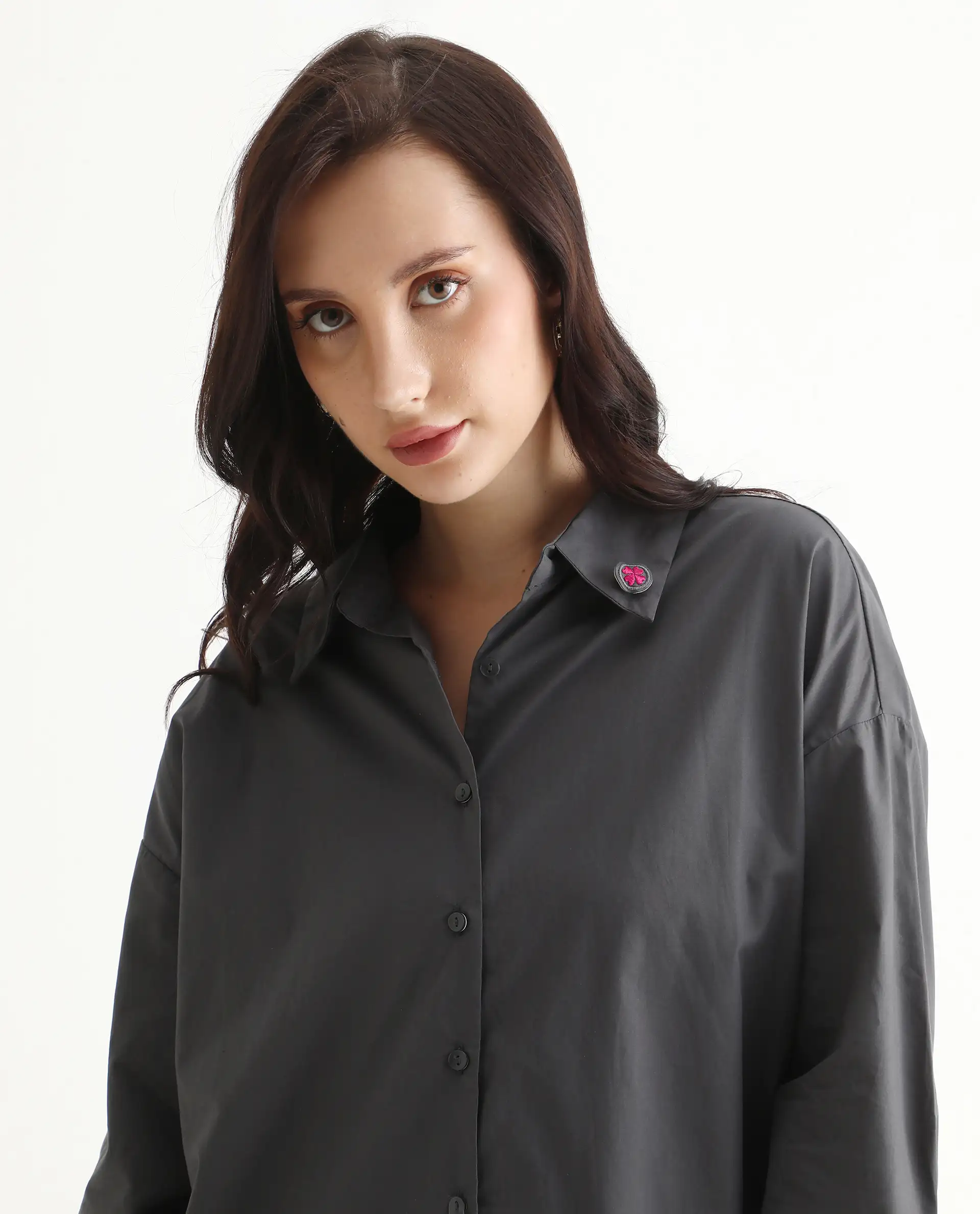 Rareism Women's Hertene Grey Cotton Drop Collar Plain Cuffed Sleeve Boxy Fit Shirt - Image 4