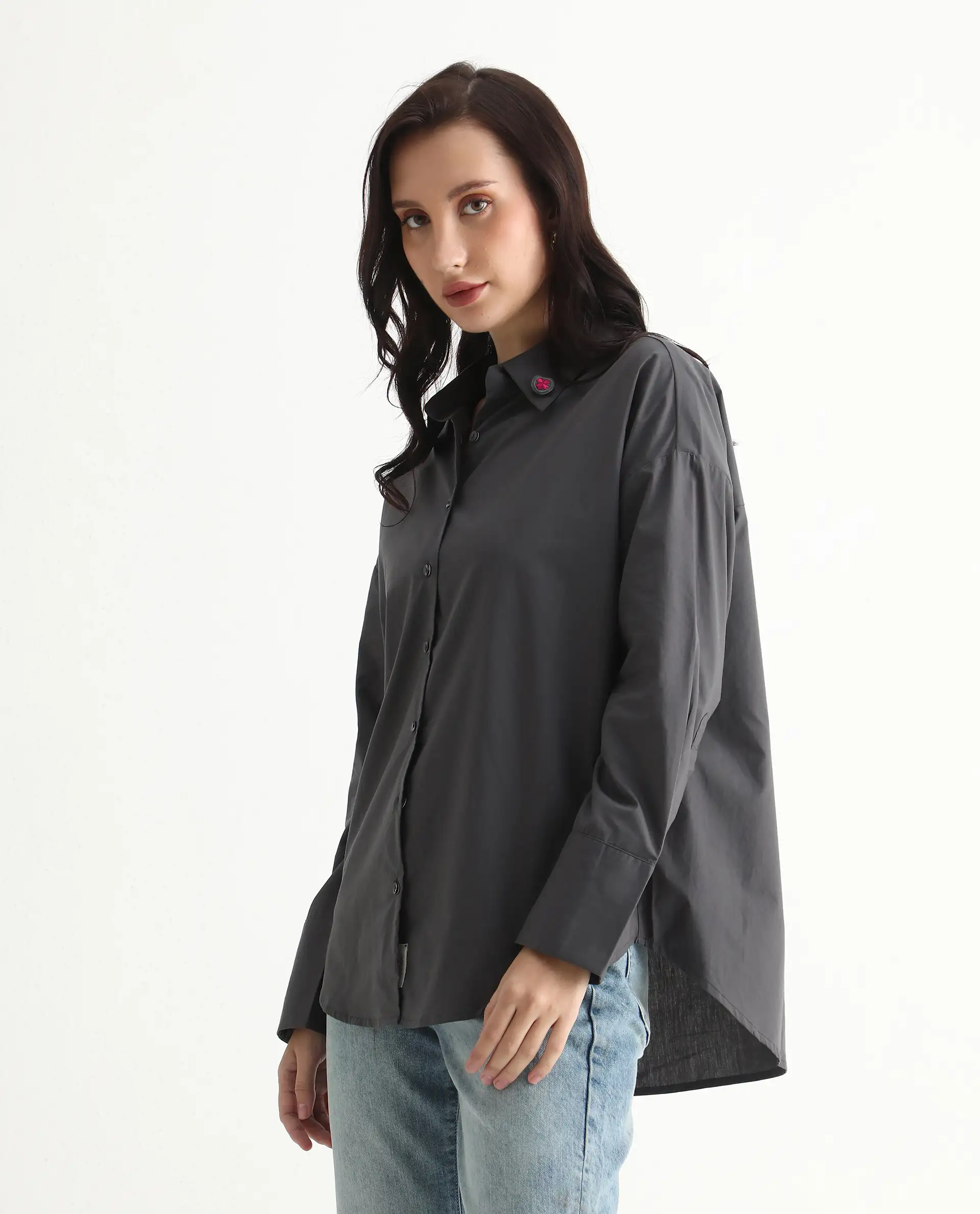Rareism Women's Hertene Grey Cotton Drop Collar Plain Cuffed Sleeve Boxy Fit Shirt - Image 5