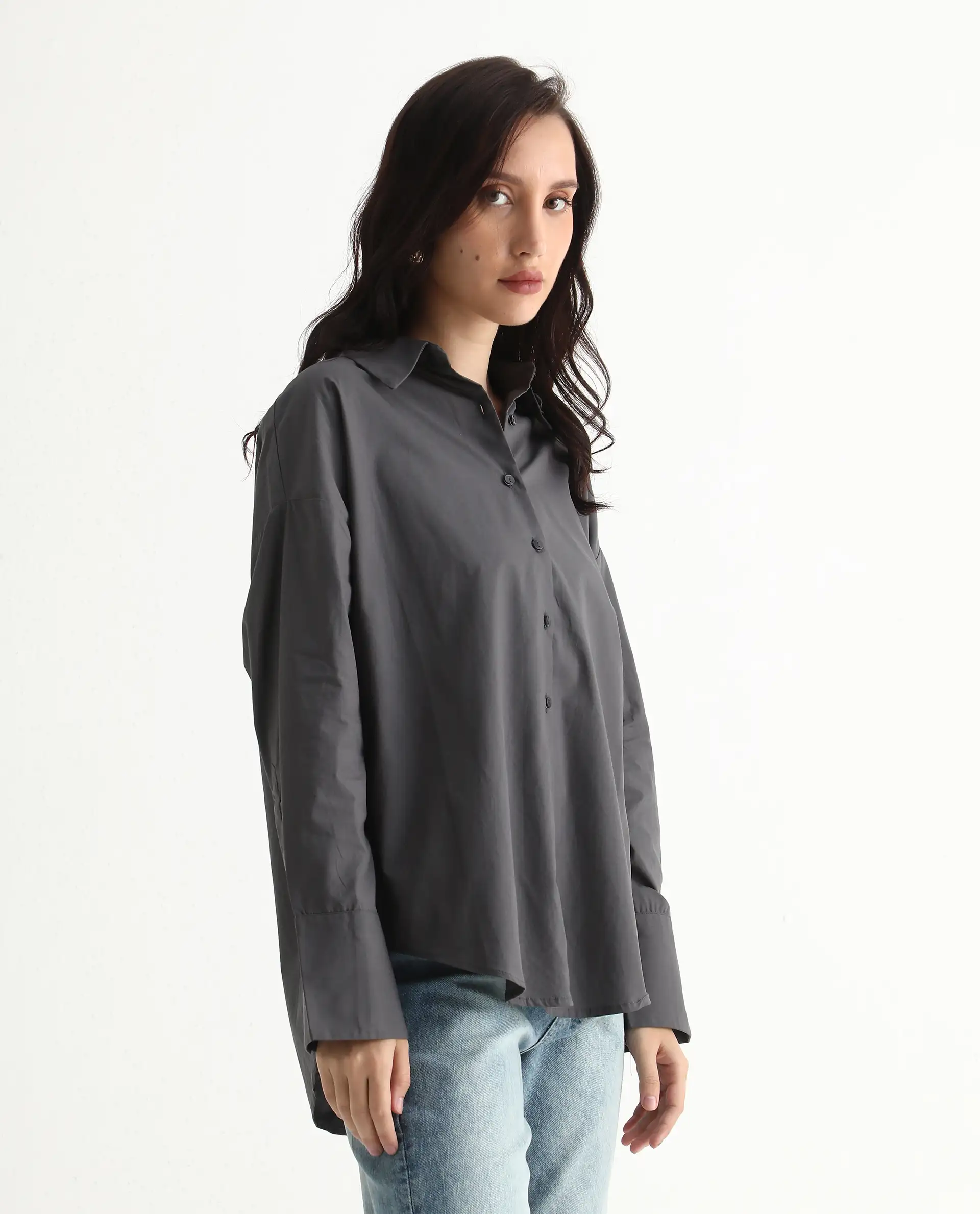 Rareism Women's Hertene Grey Cotton Drop Collar Plain Cuffed Sleeve Boxy Fit Shirt - Image 6