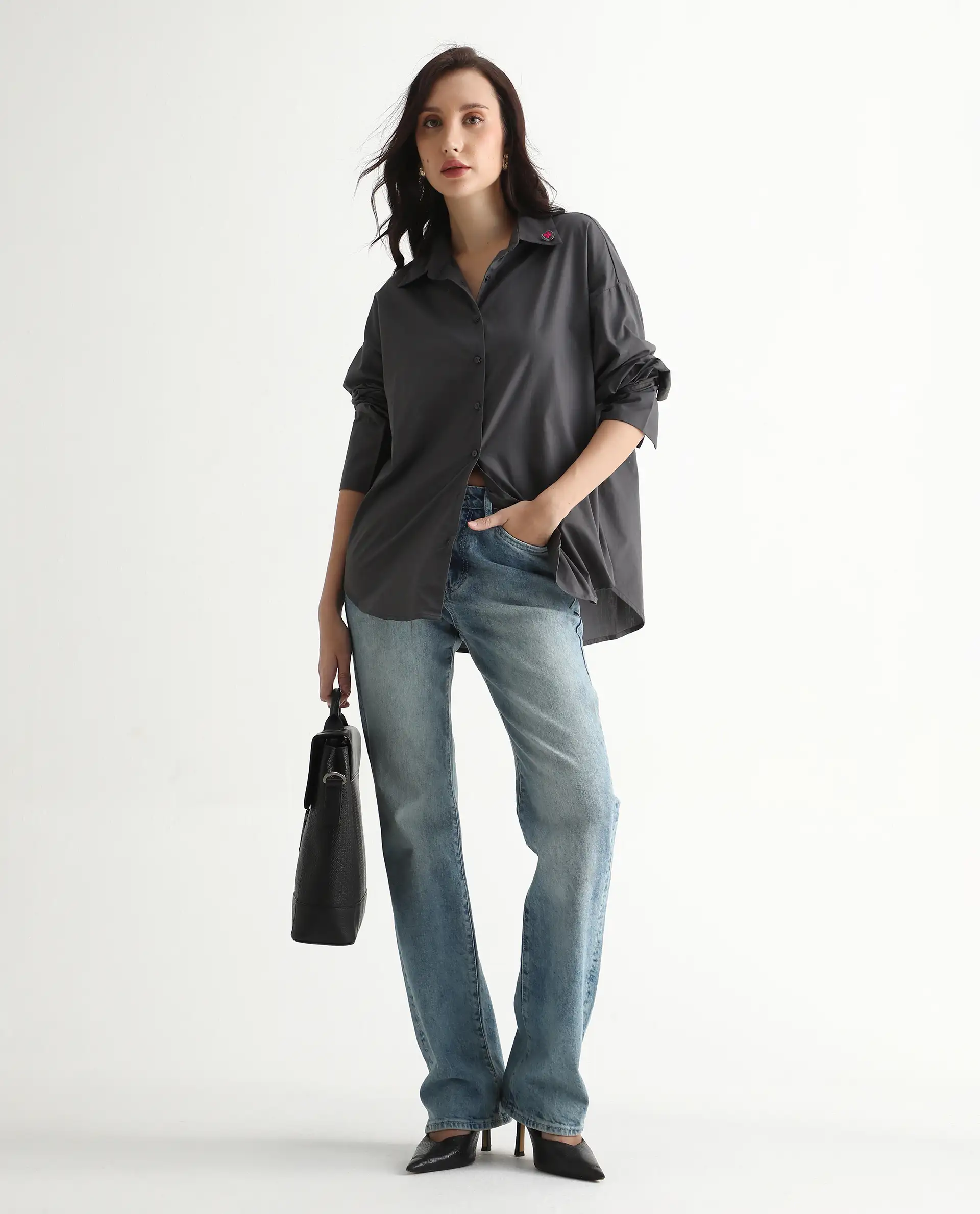 Rareism Women's Hertene Grey Cotton Drop Collar Plain Cuffed Sleeve Boxy Fit Shirt - Image 7