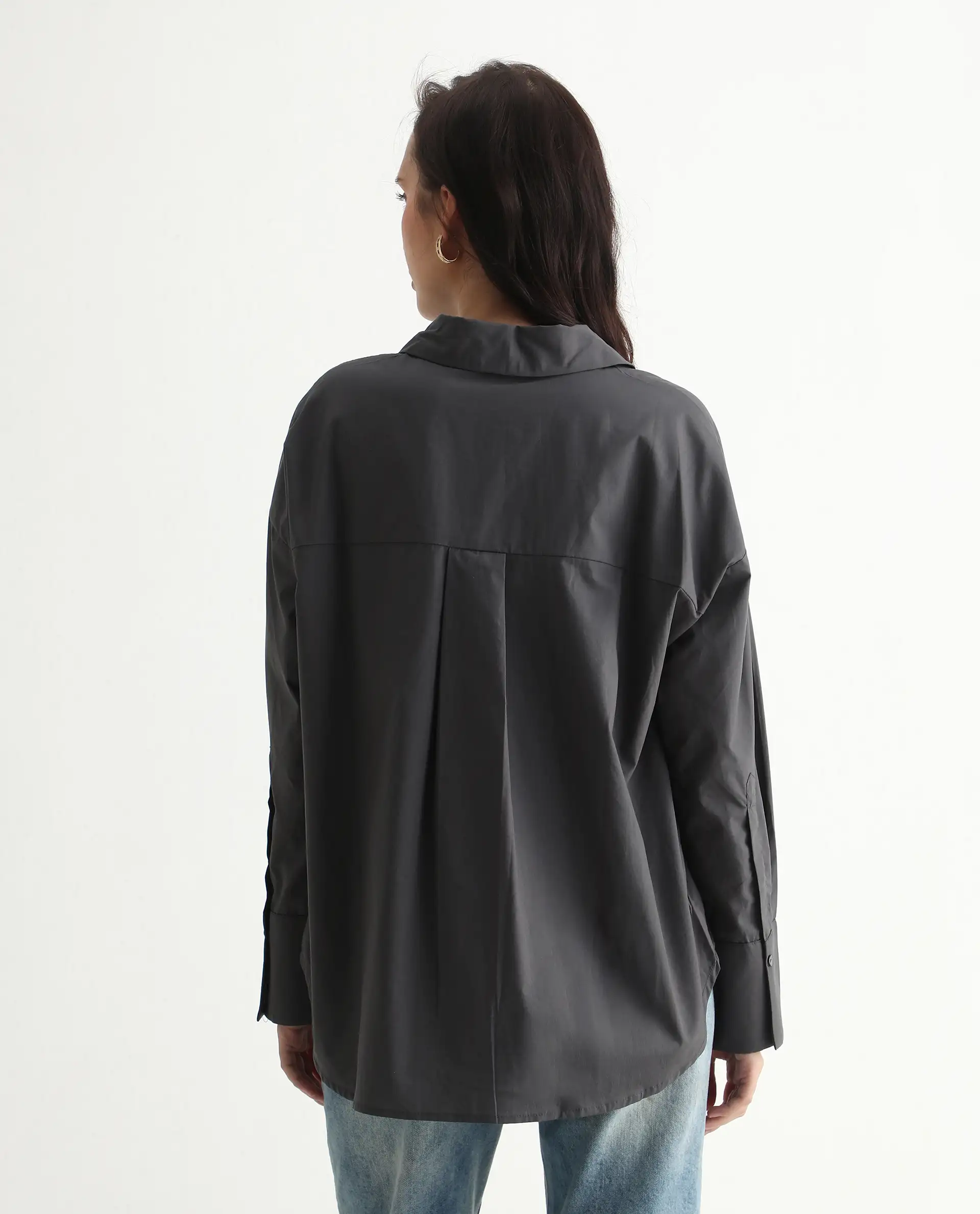 Rareism Women's Hertene Grey Cotton Drop Collar Plain Cuffed Sleeve Boxy Fit Shirt - Image 8