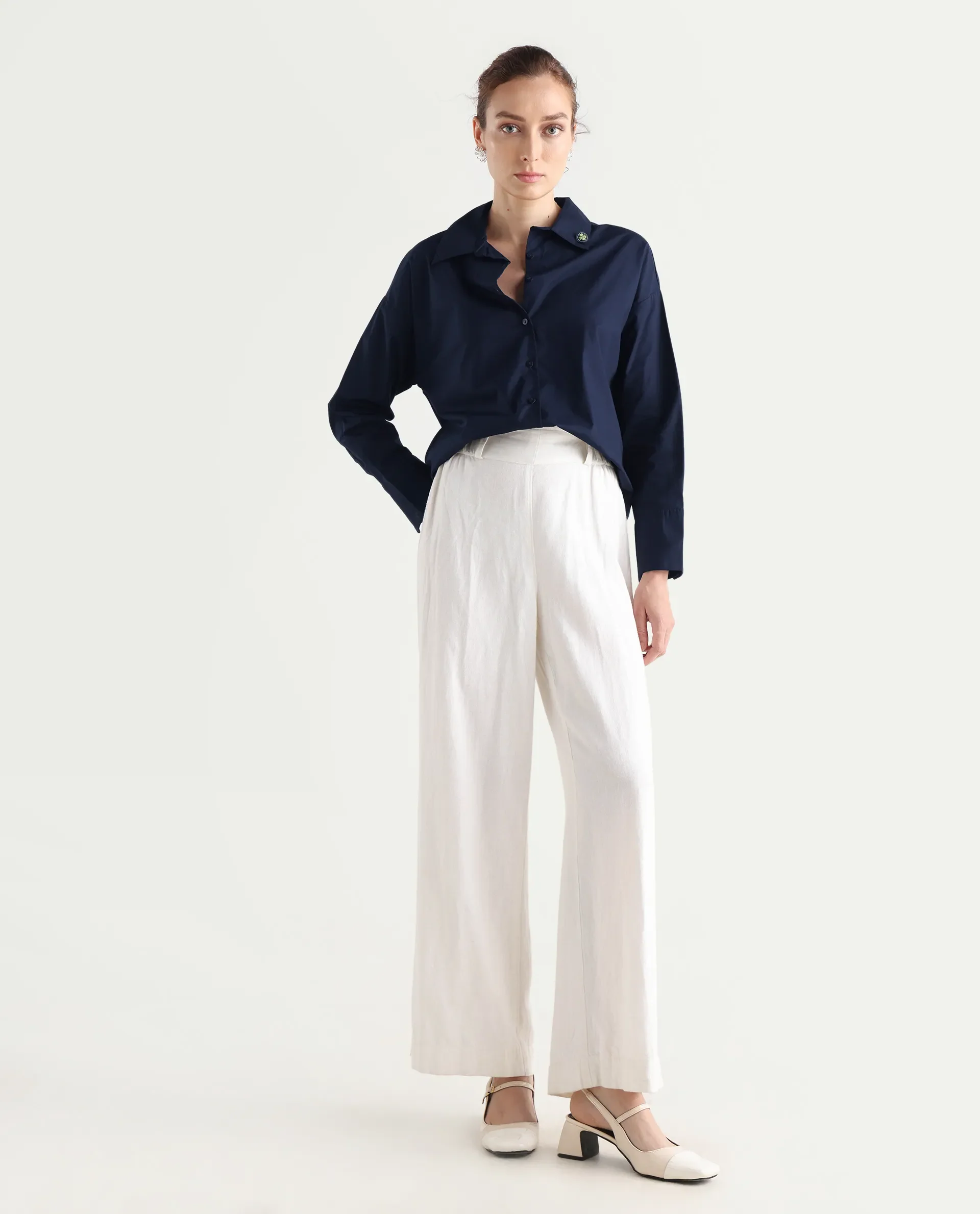Rareism Women's Hertene Navy Cotton Drop Collar Plain Cuffed Sleeve Boxy Fit Shirt - Image 2
