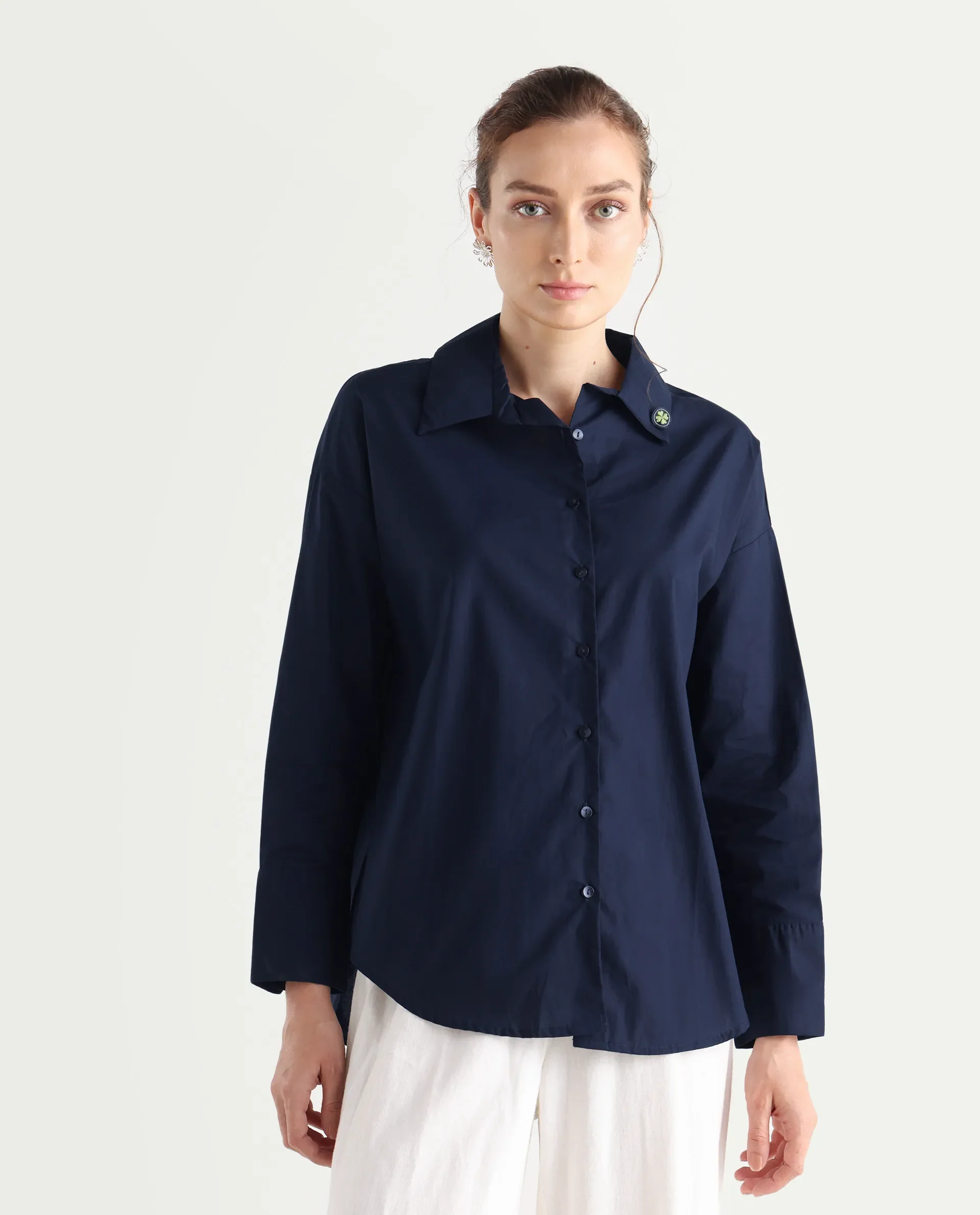 Rareism Women's Hertene Navy Cotton Drop Collar Plain Cuffed Sleeve Boxy Fit Shirt - Image 3