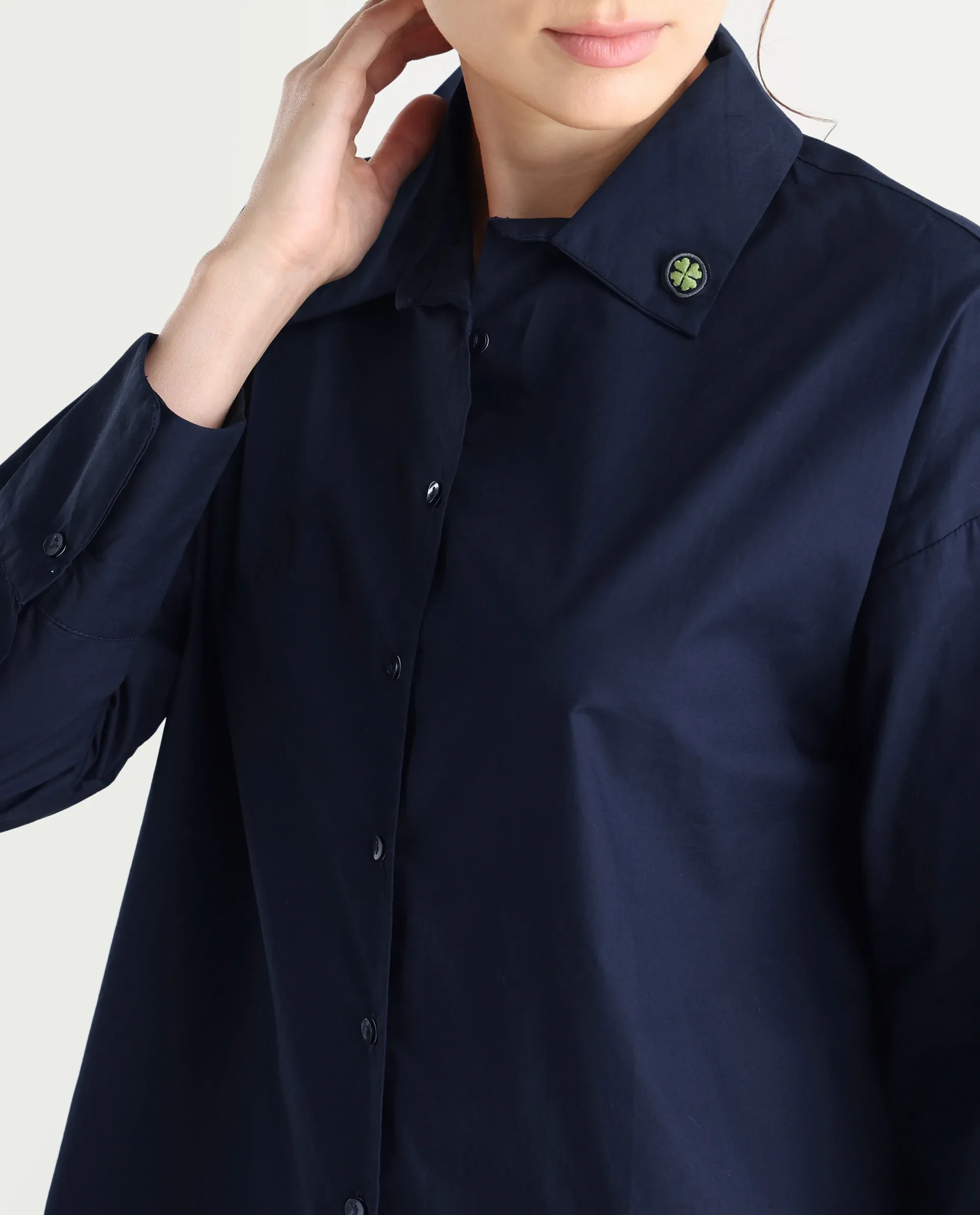 Rareism Women's Hertene Navy Cotton Drop Collar Plain Cuffed Sleeve Boxy Fit Shirt - Image 4