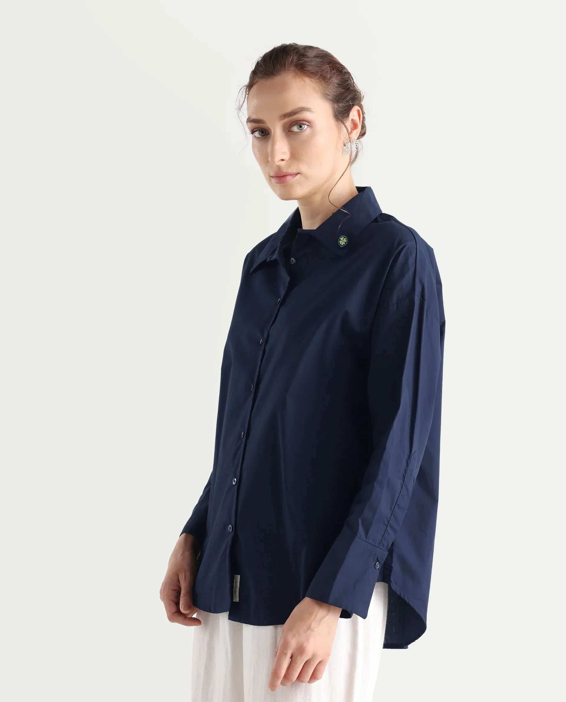 Rareism Women's Hertene Navy Cotton Drop Collar Plain Cuffed Sleeve Boxy Fit Shirt - Image 5