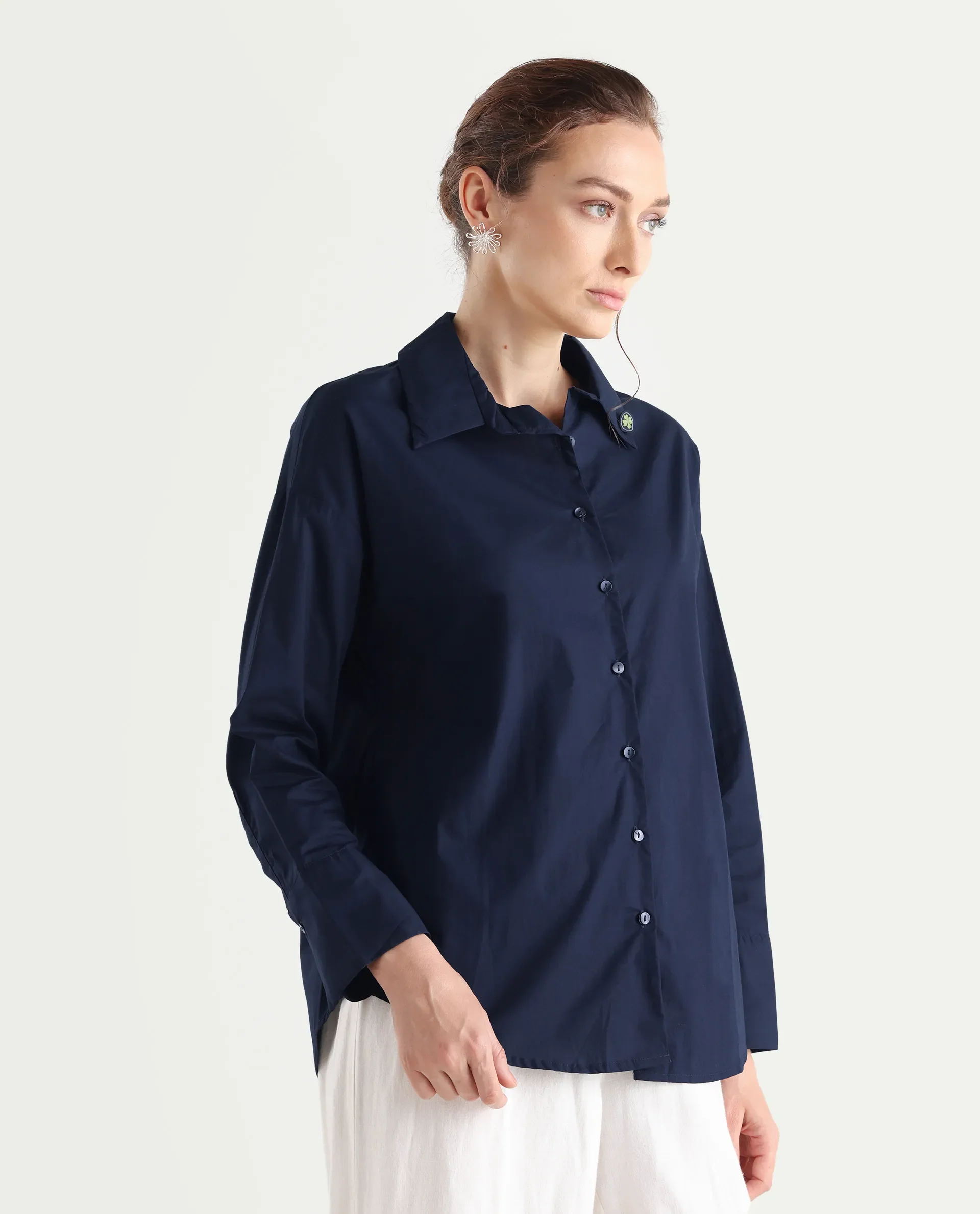 Rareism Women's Hertene Navy Cotton Drop Collar Plain Cuffed Sleeve Boxy Fit Shirt - Image 6
