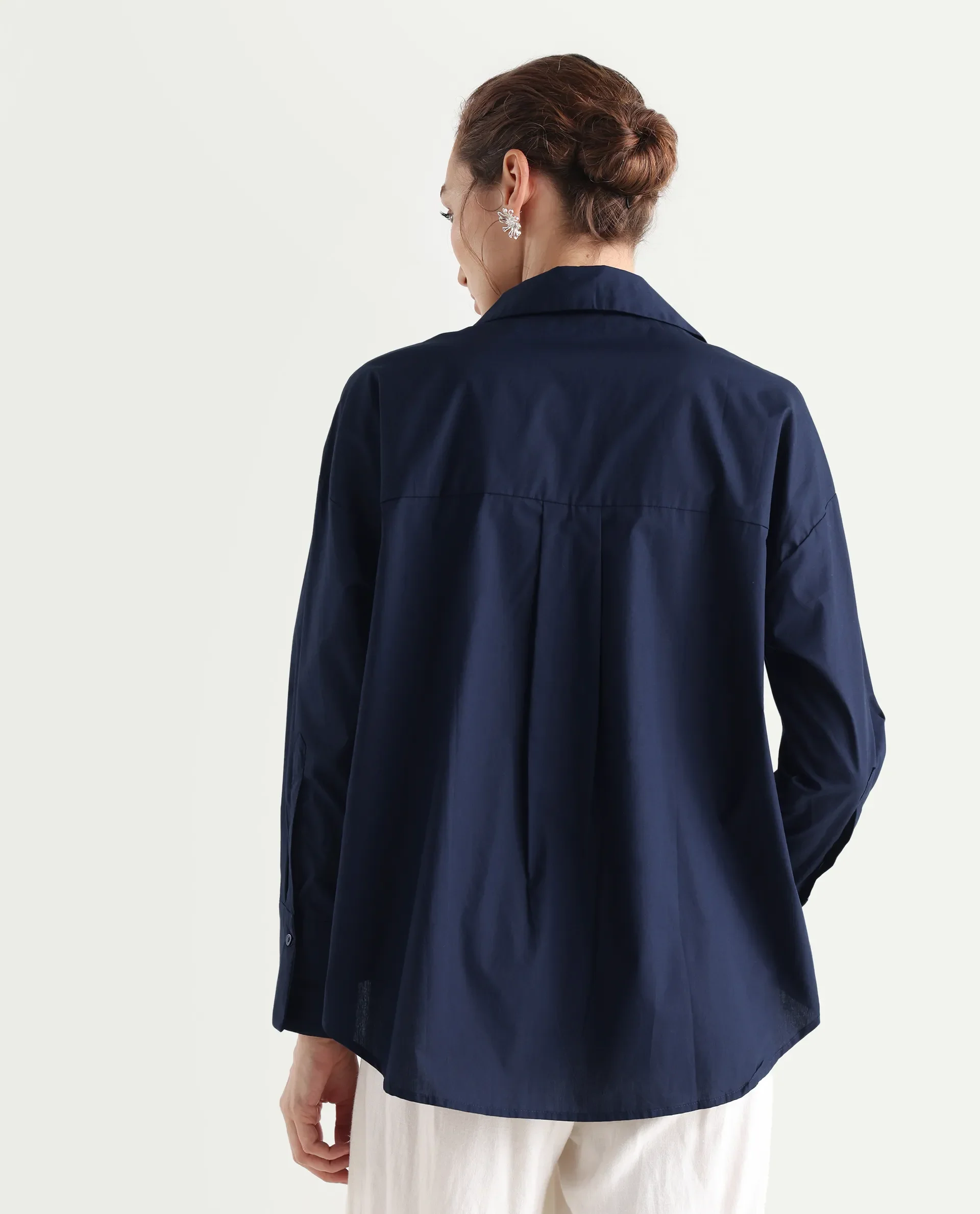 Rareism Women's Hertene Navy Cotton Drop Collar Plain Cuffed Sleeve Boxy Fit Shirt - Image 7