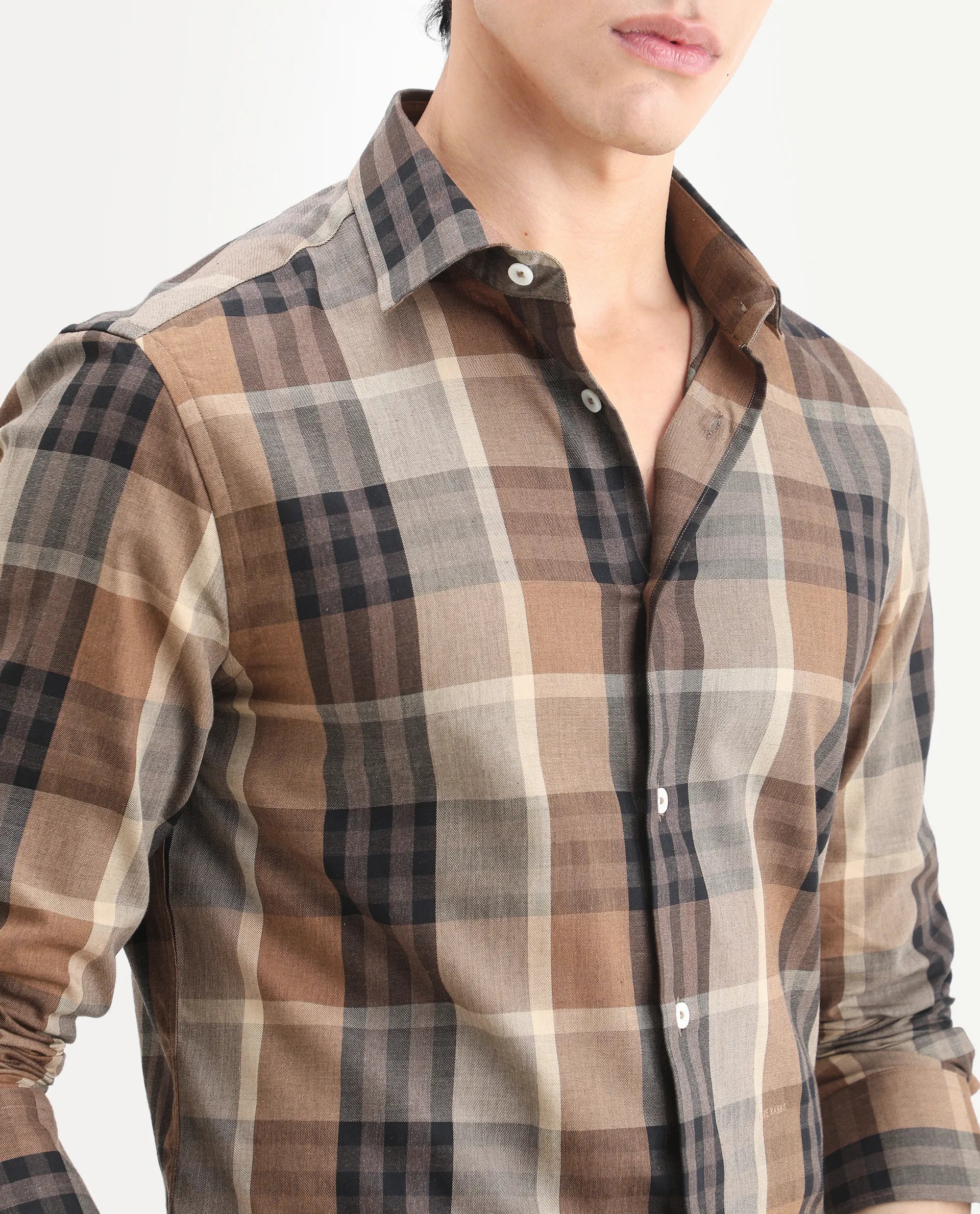 Rare Rabbit Men's Herti Brown Cotton Fabric Full Sleeve Spread Collar Regular Fit Checked Shirt - Image 3
