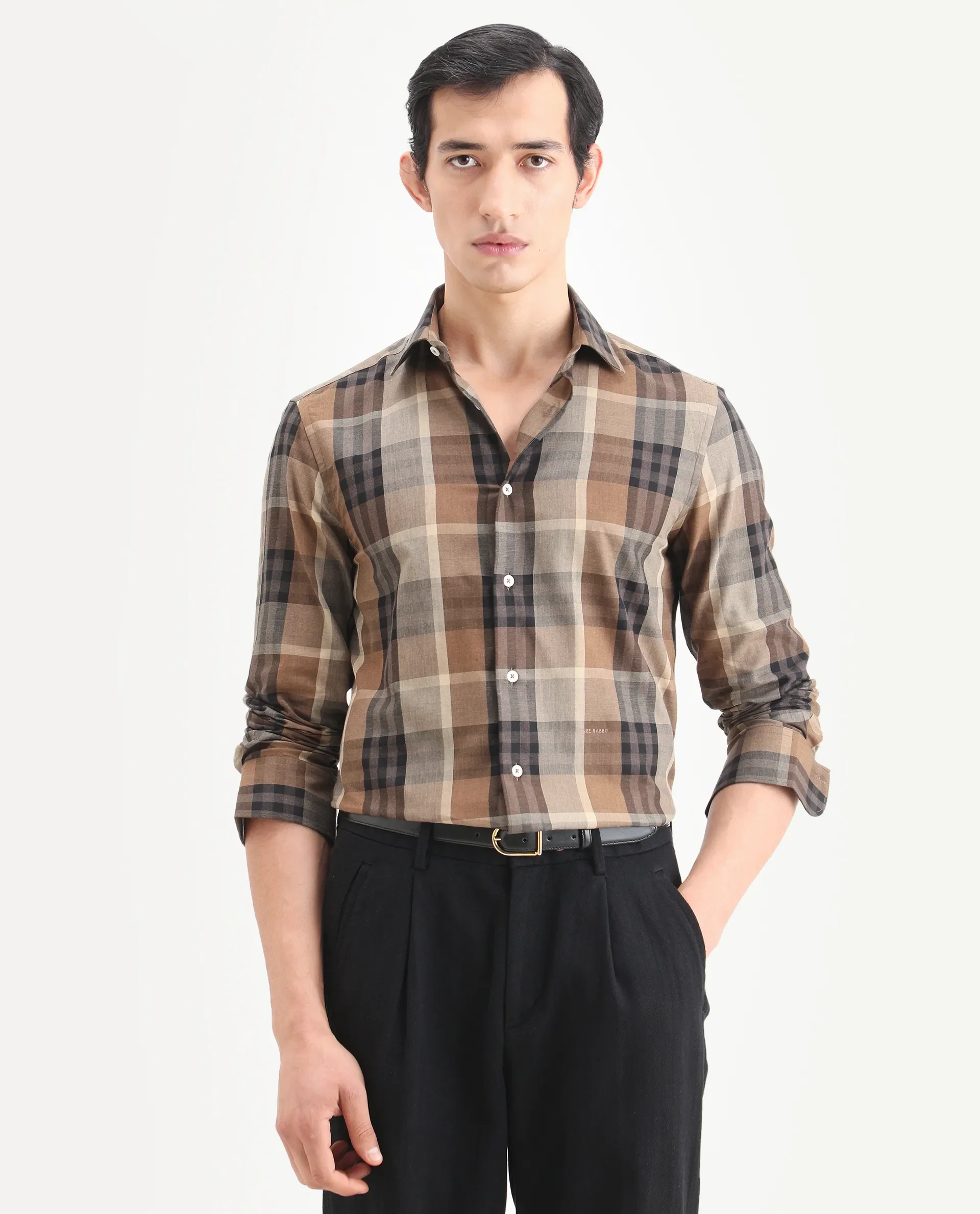 Rare Rabbit Men's Herti Brown Cotton Fabric Full Sleeve Spread Collar Regular Fit Checked Shirt - Image 4