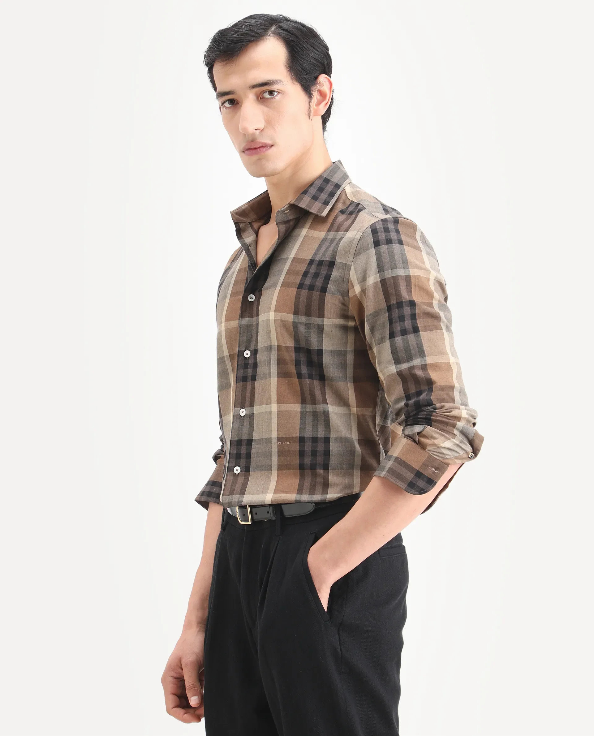 Rare Rabbit Men's Herti Brown Cotton Fabric Full Sleeve Spread Collar Regular Fit Checked Shirt - Image 5