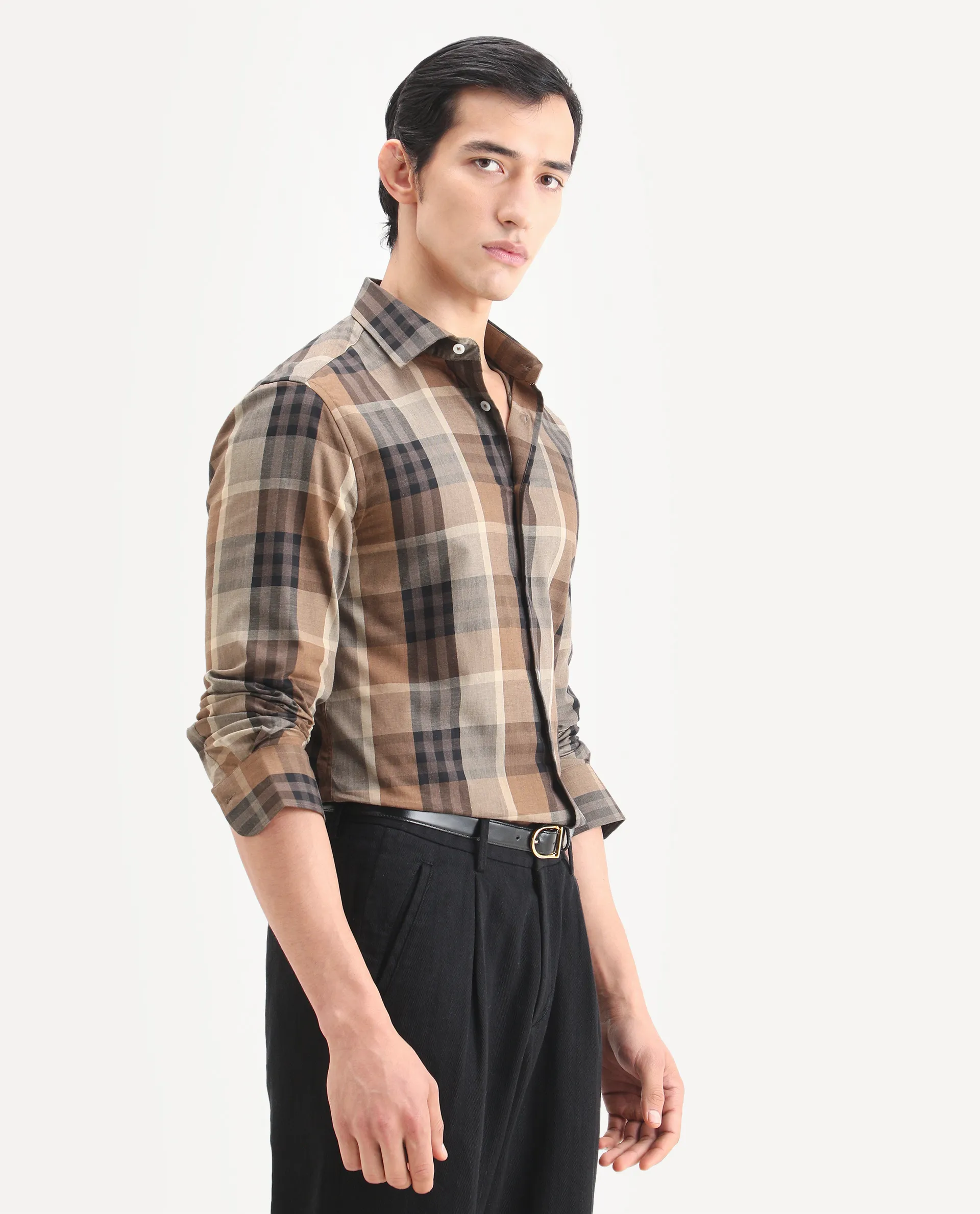 Rare Rabbit Men's Herti Brown Cotton Fabric Full Sleeve Spread Collar Regular Fit Checked Shirt - Image 6