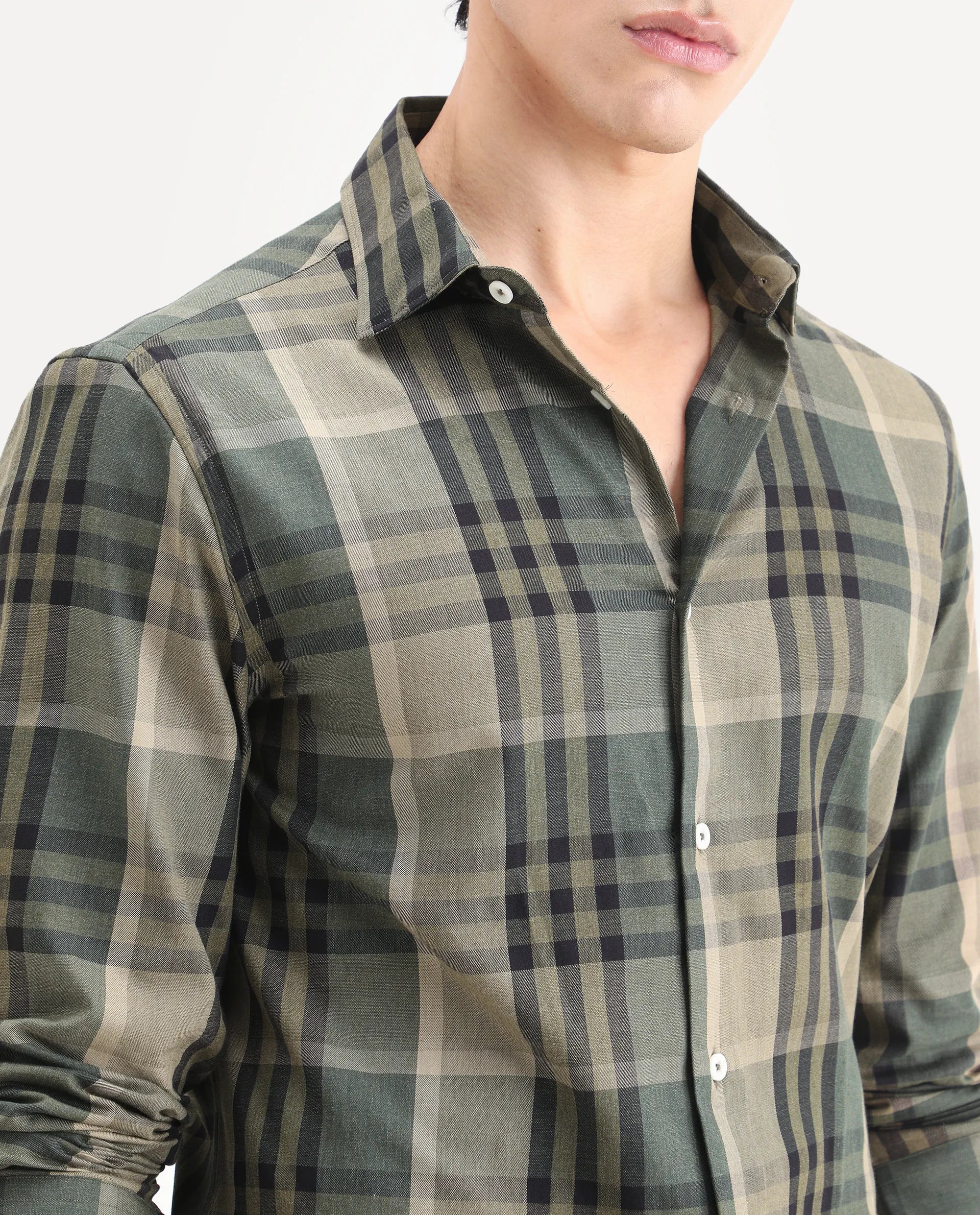 Rare Rabbit Men's Herti Green Cotton Fabric Full Sleeve Spread Collar Regular Fit Checked Shirt - Image 3