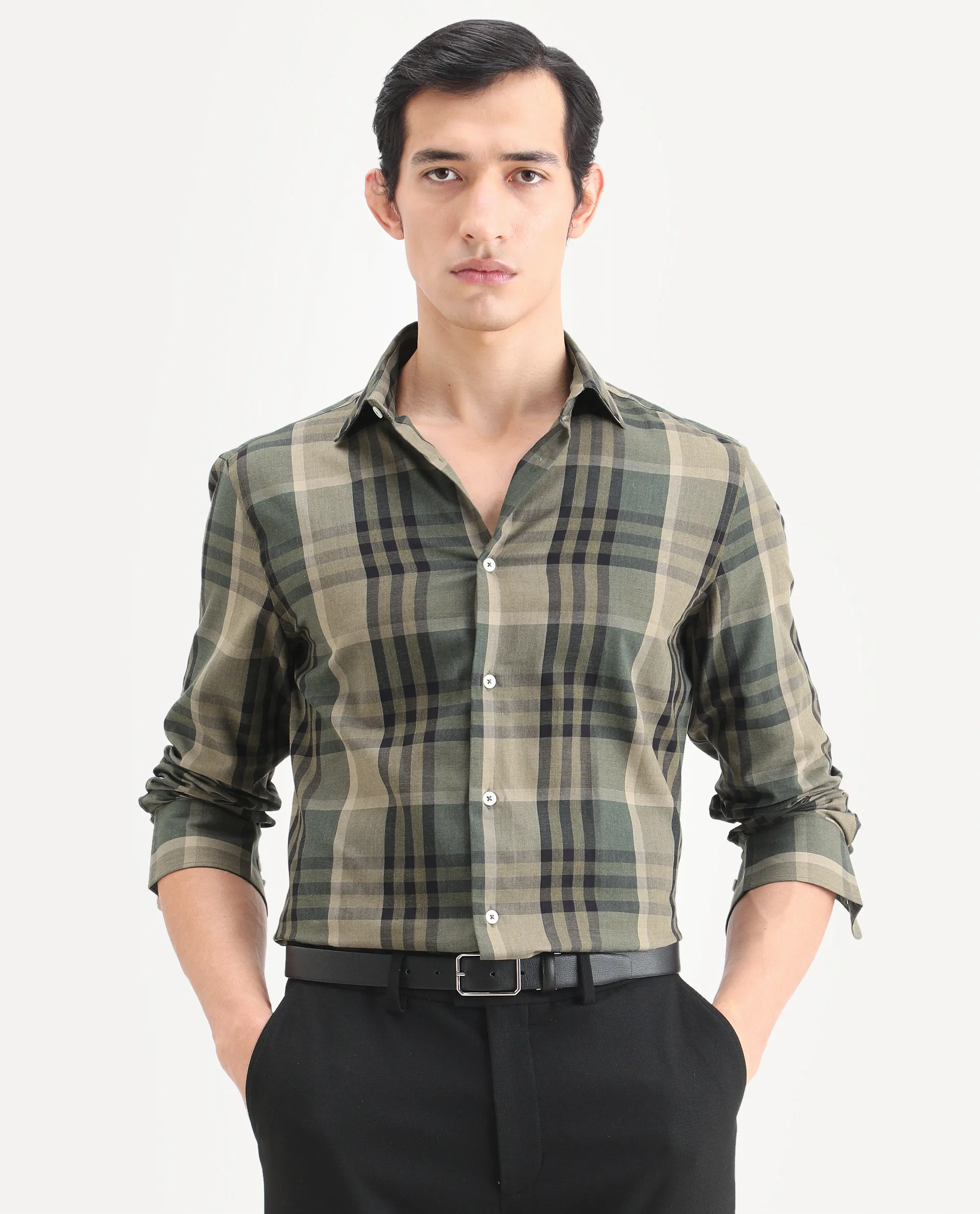 Rare Rabbit Men's Herti Green Cotton Fabric Full Sleeve Spread Collar Regular Fit Checked Shirt - Image 4