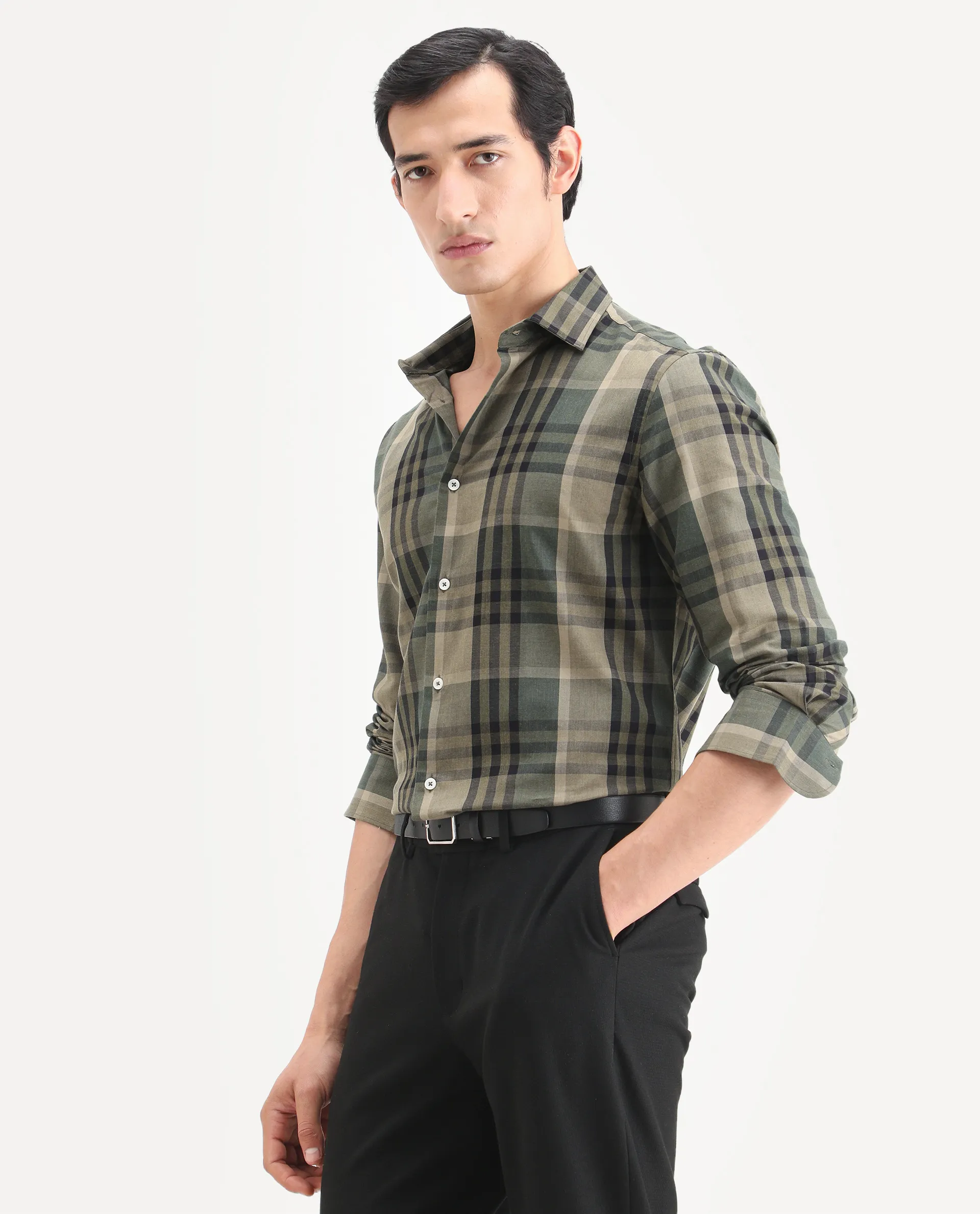 Rare Rabbit Men's Herti Green Cotton Fabric Full Sleeve Spread Collar Regular Fit Checked Shirt - Image 5