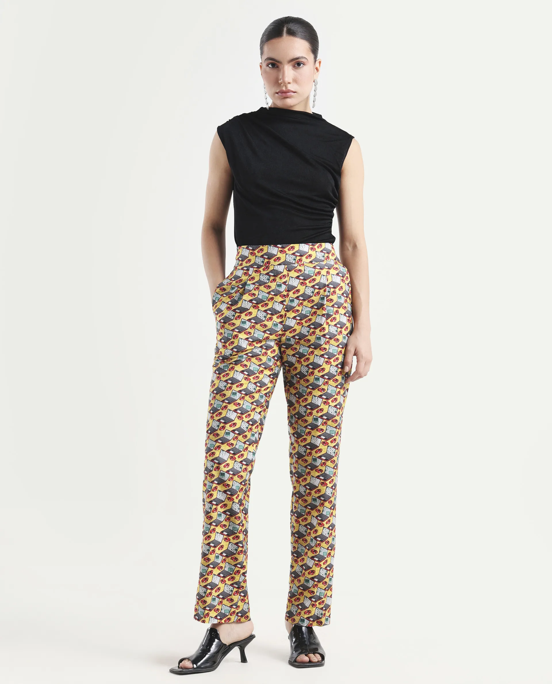 Rareism Women's Hertie-B Yellow Cotton Blend Geometric Print Ankle Length Straight Fit Trouser - Image 2