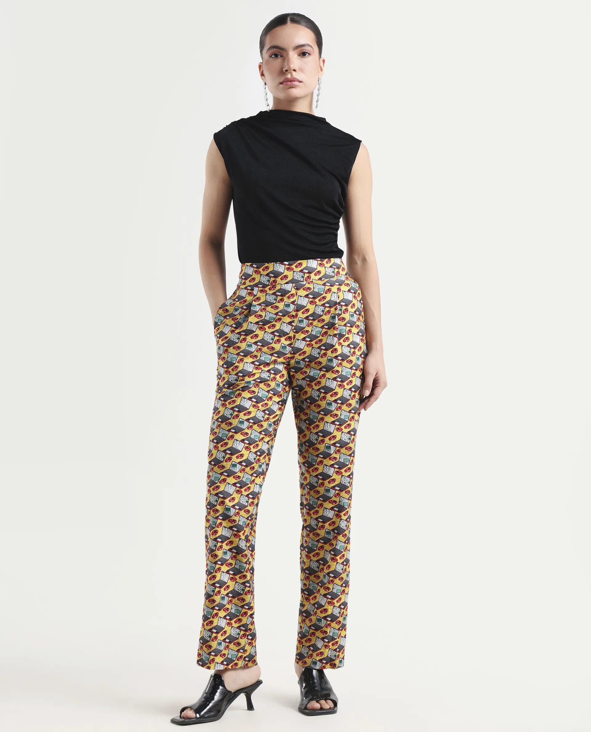 Rareism Women's Hertie-B Yellow Cotton Blend Geometric Print Ankle Length Straight Fit Trouser - Image 3