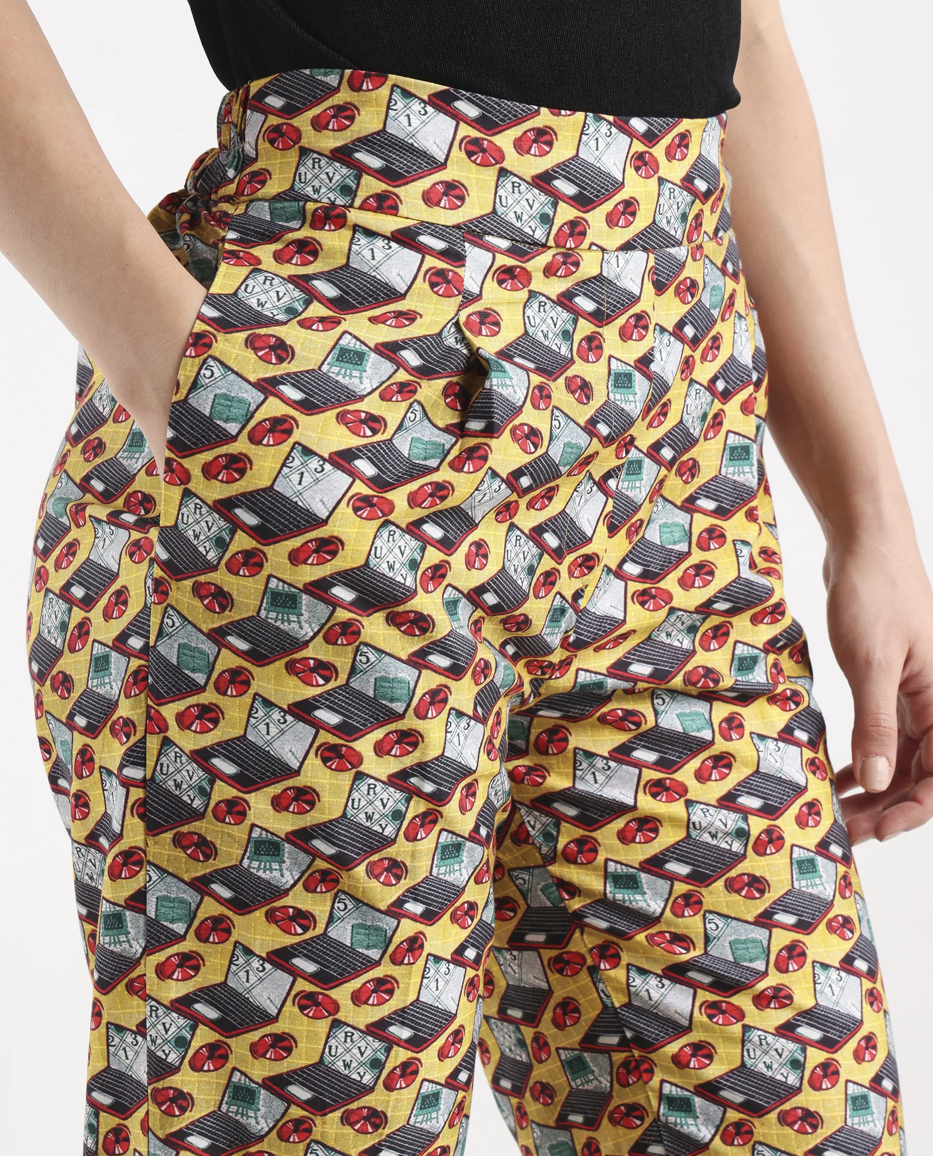 Rareism Women's Hertie-B Yellow Cotton Blend Geometric Print Ankle Length Straight Fit Trouser - Image 4