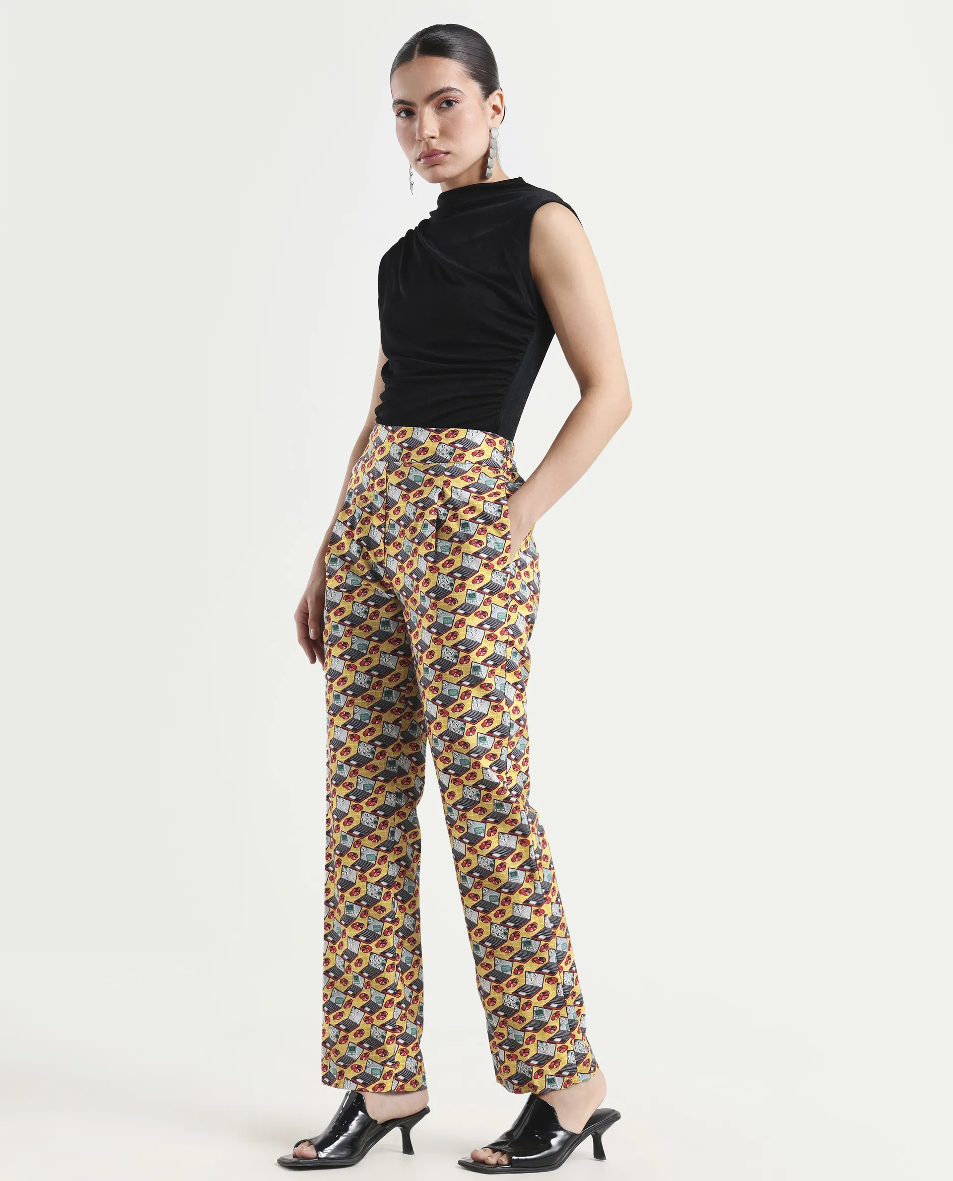 Rareism Women's Hertie-B Yellow Cotton Blend Geometric Print Ankle Length Straight Fit Trouser - Image 5