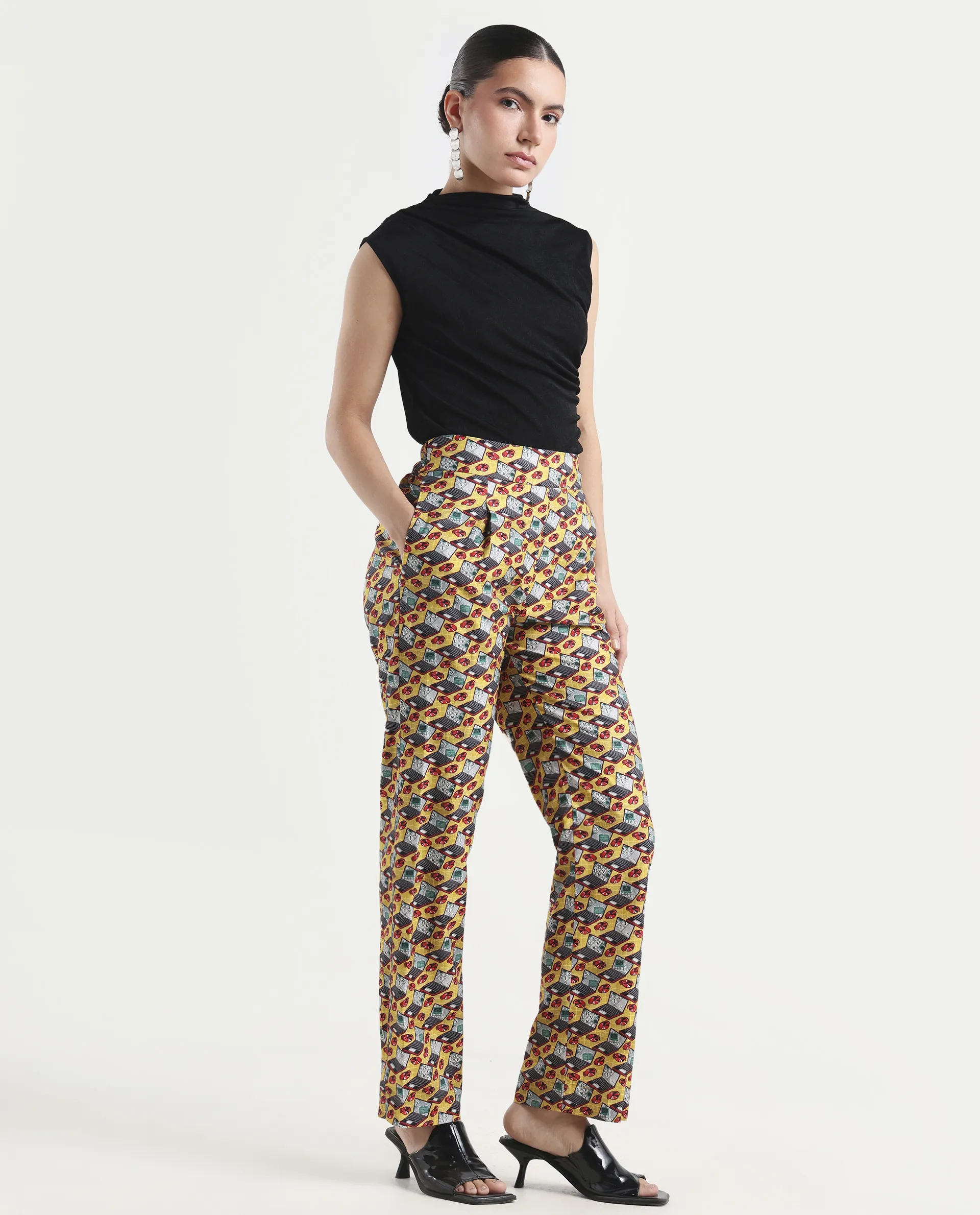 Rareism Women's Hertie-B Yellow Cotton Blend Geometric Print Ankle Length Straight Fit Trouser - Image 6