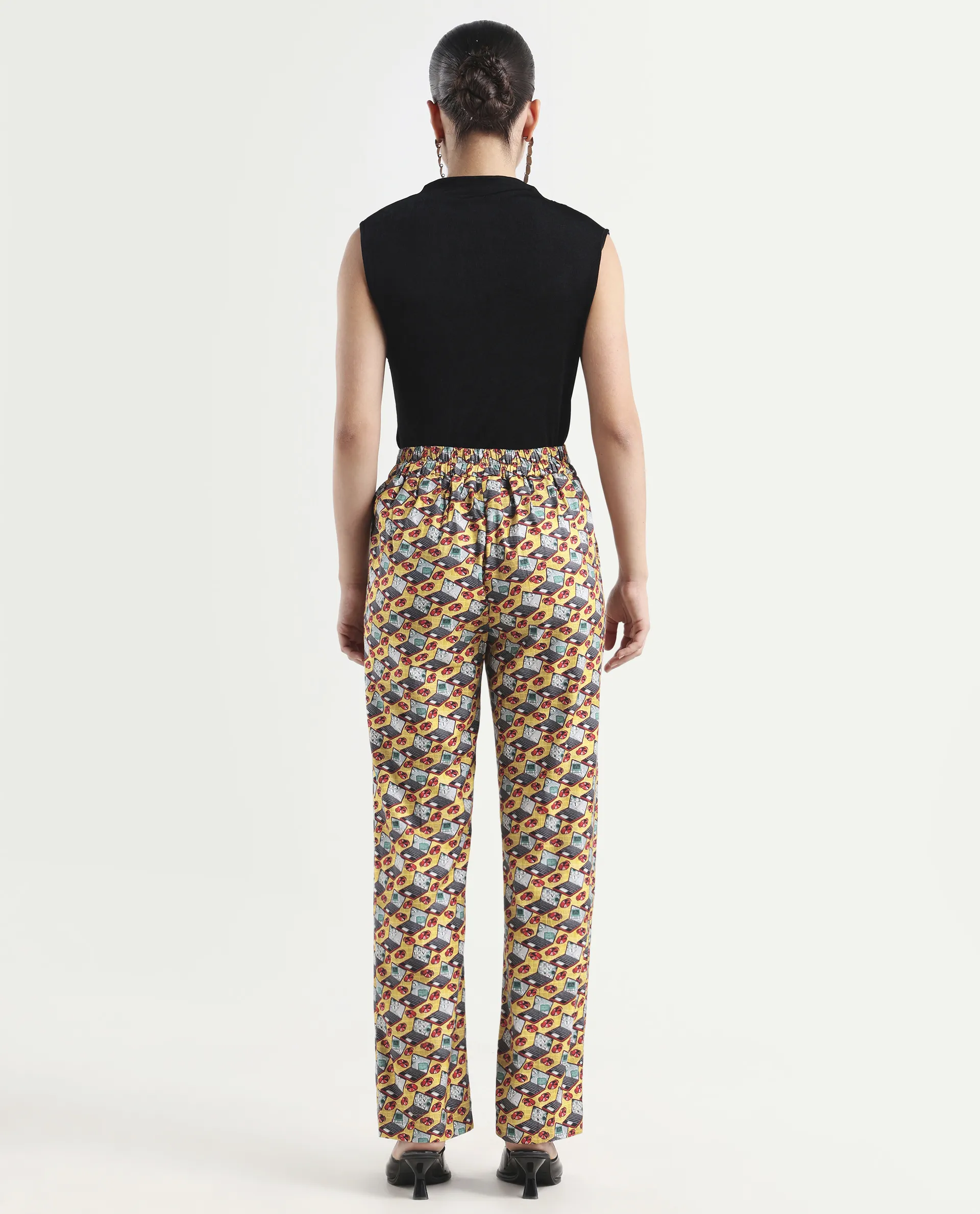 Rareism Women's Hertie-B Yellow Cotton Blend Geometric Print Ankle Length Straight Fit Trouser - Image 7
